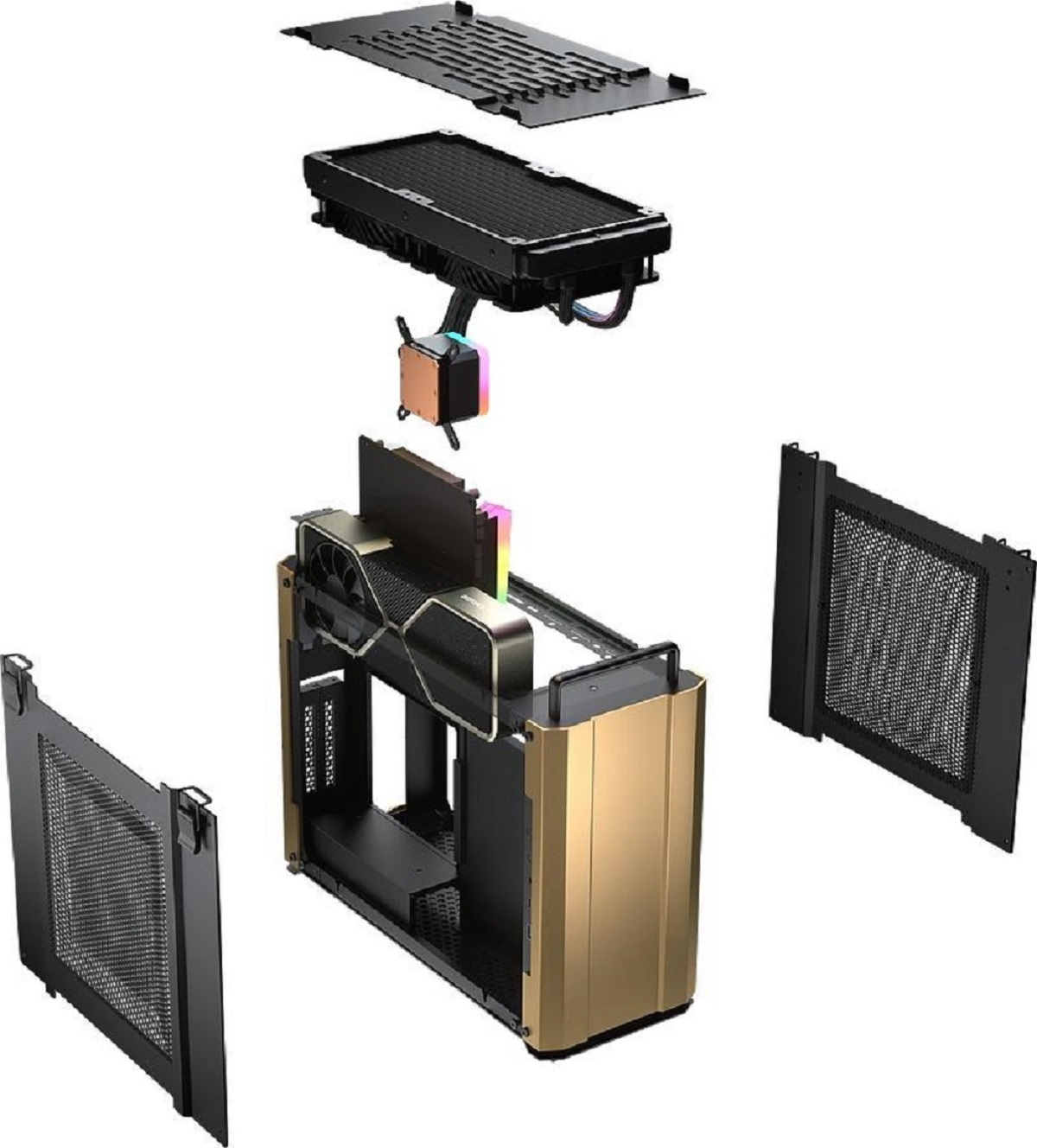 Vista esplosa di un case per PC. I componenti includono ventola, radiatore e GPU.
