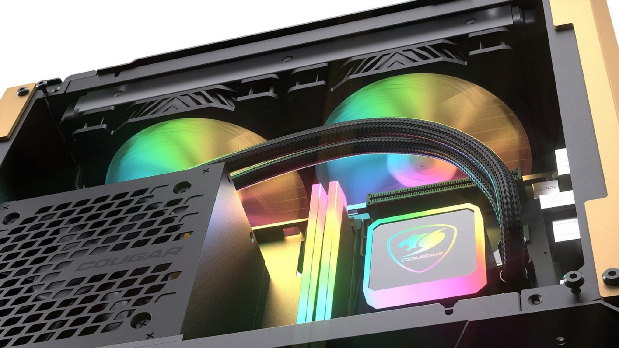 All'interno di un case per computer: ventole, tubi e componenti.