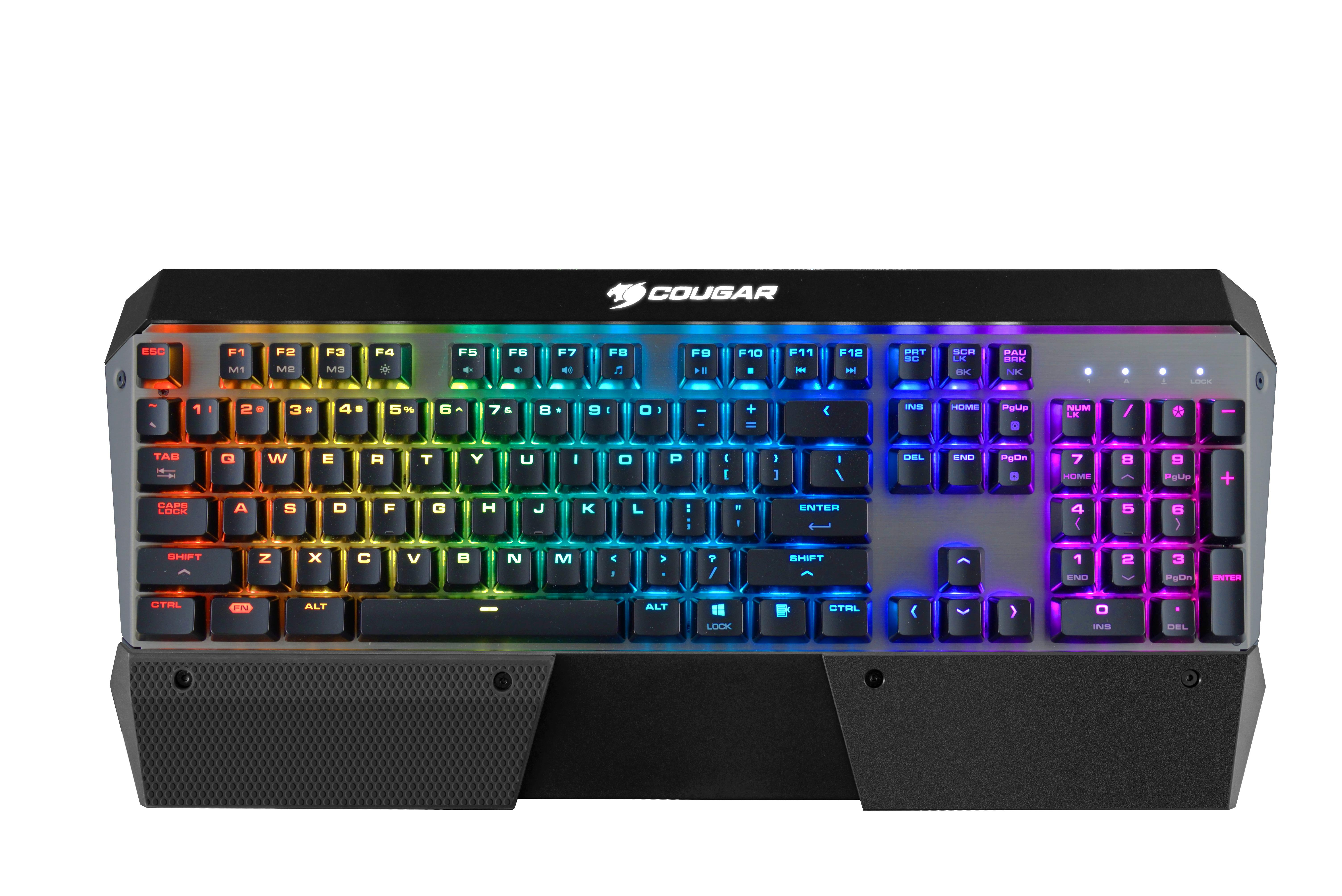 Podświetlana, wielokolorowa klawiatura do gier z czarną podstawą.