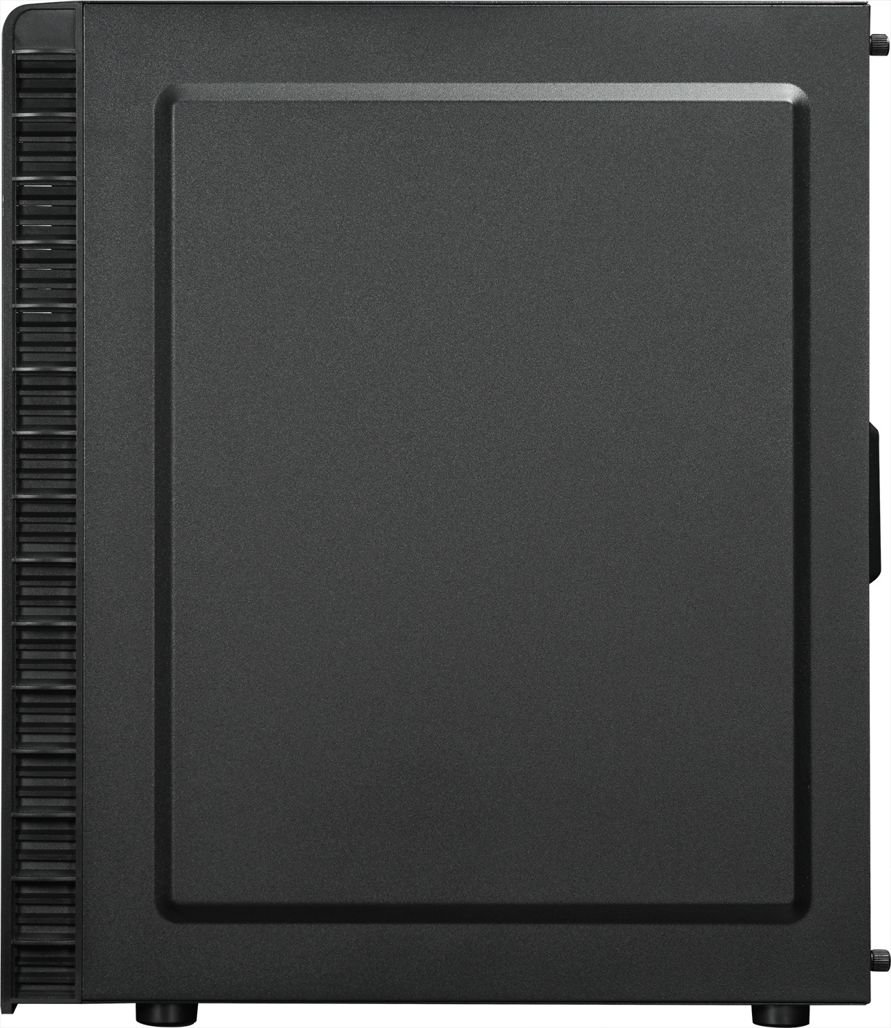 Seitenansicht eines schwarzen Computergehäuses. Es hat eine glatte, dunkelgraue Oberfläche.