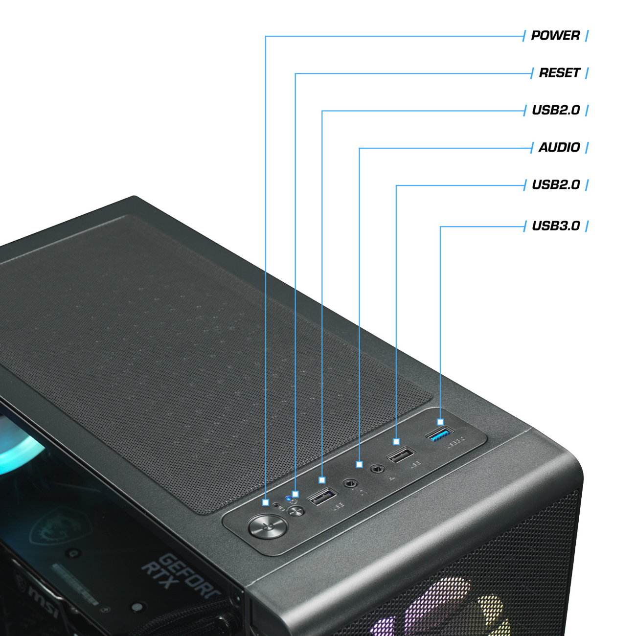 Ein Computergehäuse mit beschrifteten Anschlüssen: Power, Reset, USB, Audio und USB 3.0. Das Gehäuse hat ein Mesh-Design.