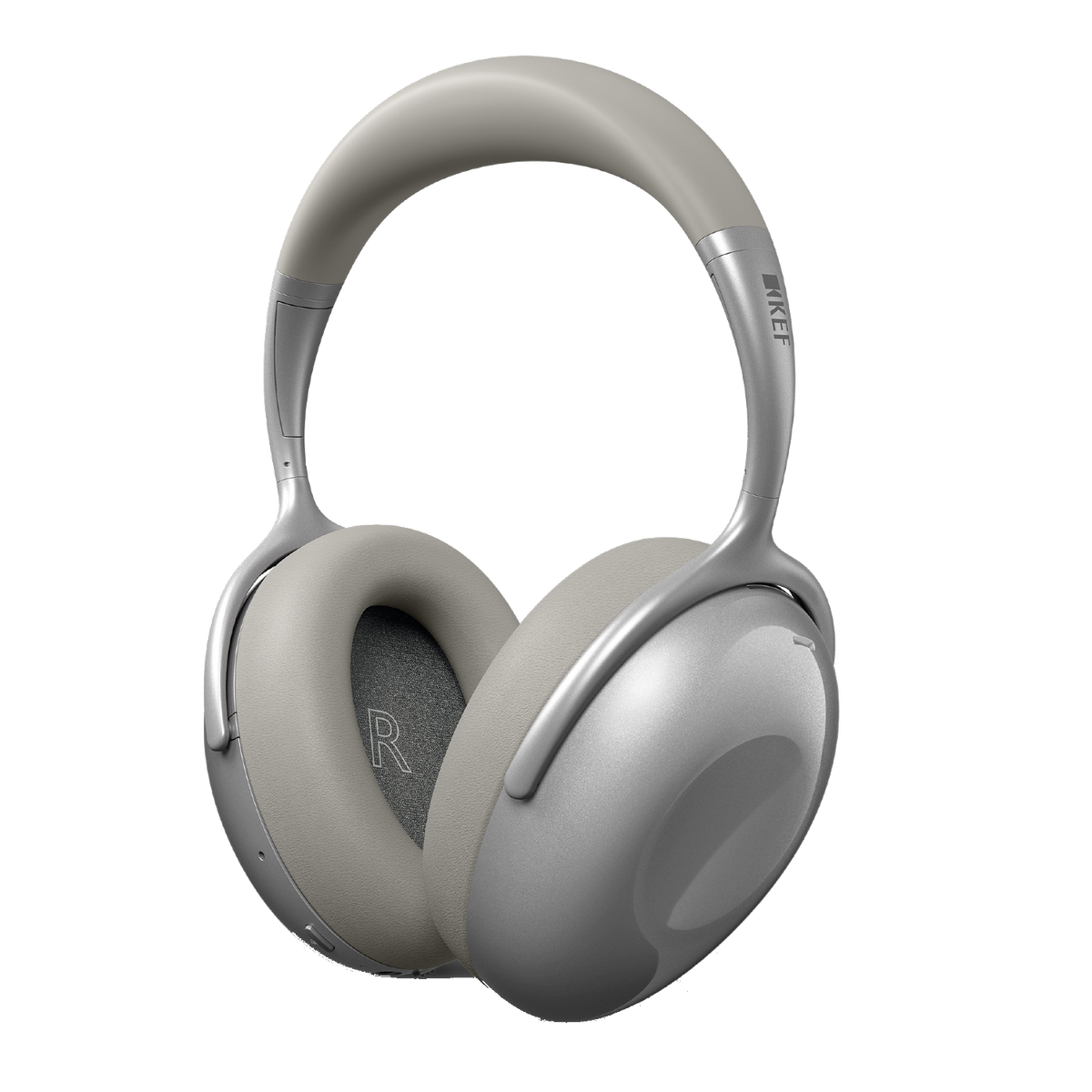 Cuffie grigie. I padiglioni auricolari sono ovali, con un cuscinetto morbido e grigio. Anche l'archetto è grigio.