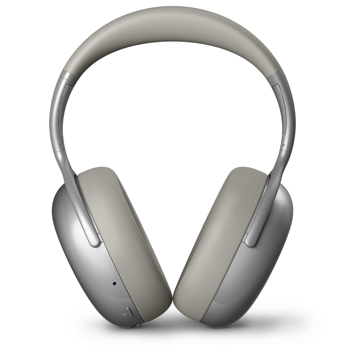 Cuffie over-ear in argento e grigio. Vista angolata che mostra i padiglioni e l'archetto.