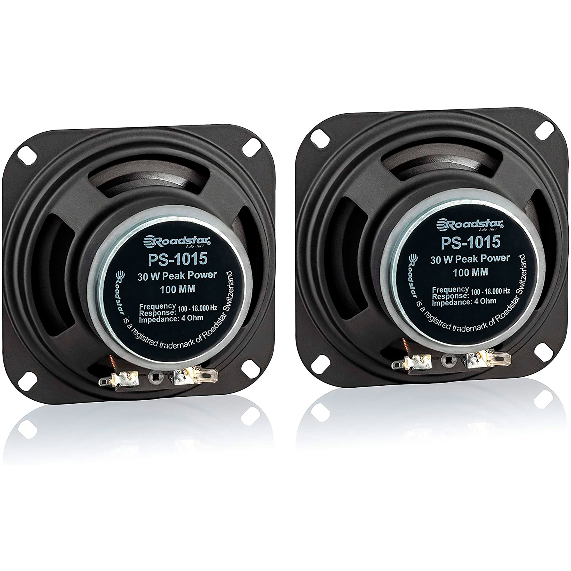 Dos altavoces negros, marca 'Roadstar', con especificaciones visibles. Fondo blanco.