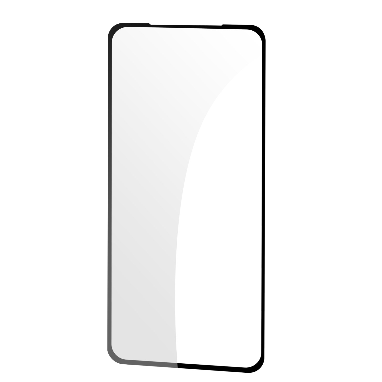 Proteggi schermo per smartphone con cornice nera, sfondo bianco.