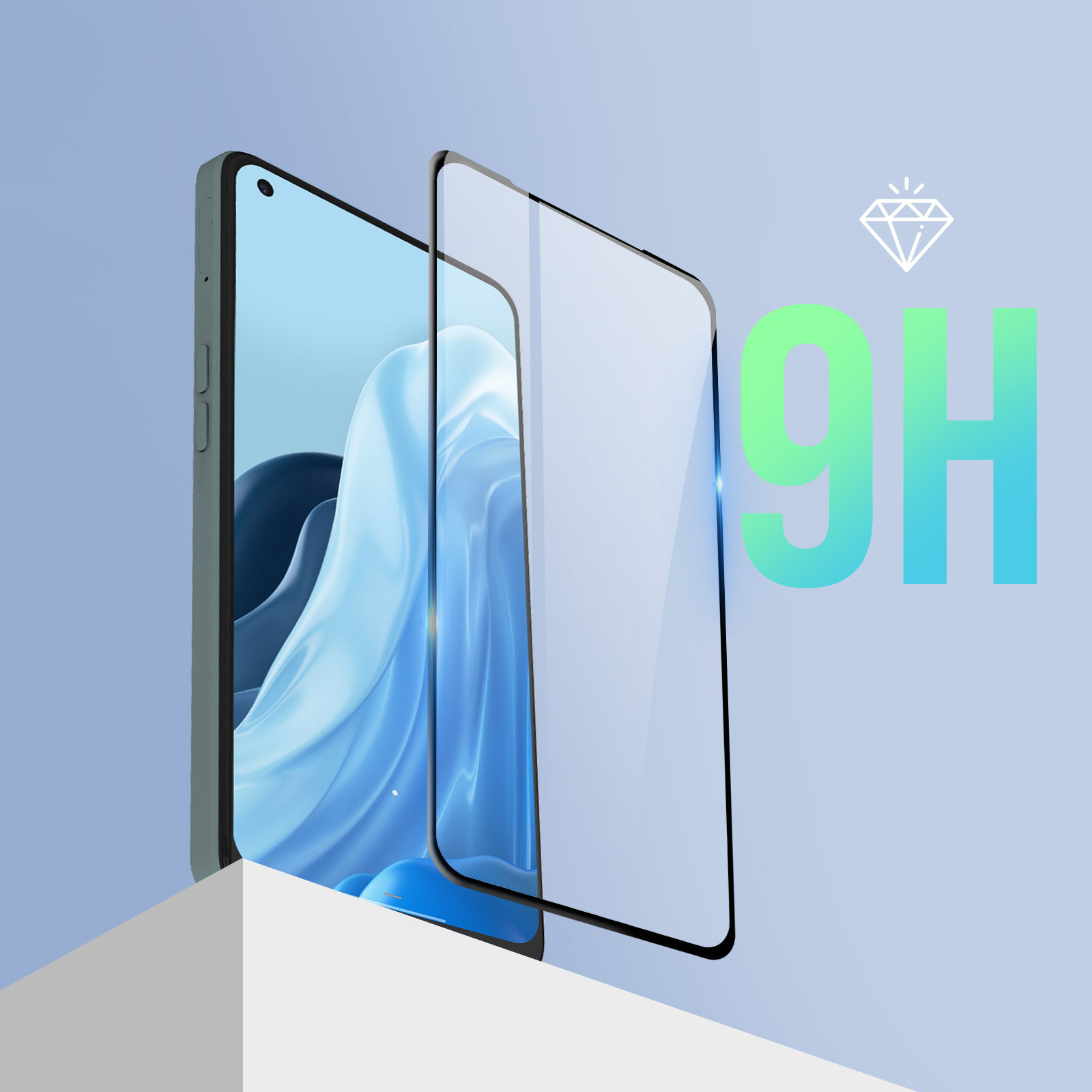 Un telefono con protezione schermo e il testo '9H'.