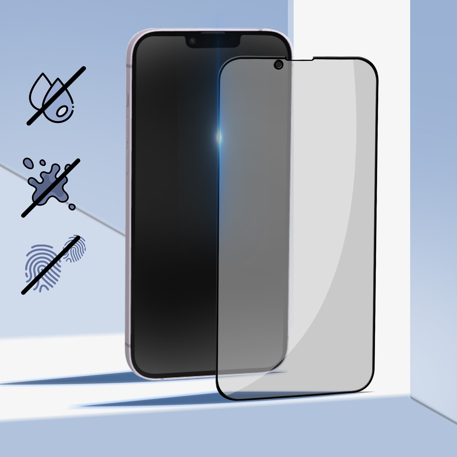 Ein Telefon mit angebrachtem Displayschutz. Blauer Hintergrund mit Symbolen darüber.