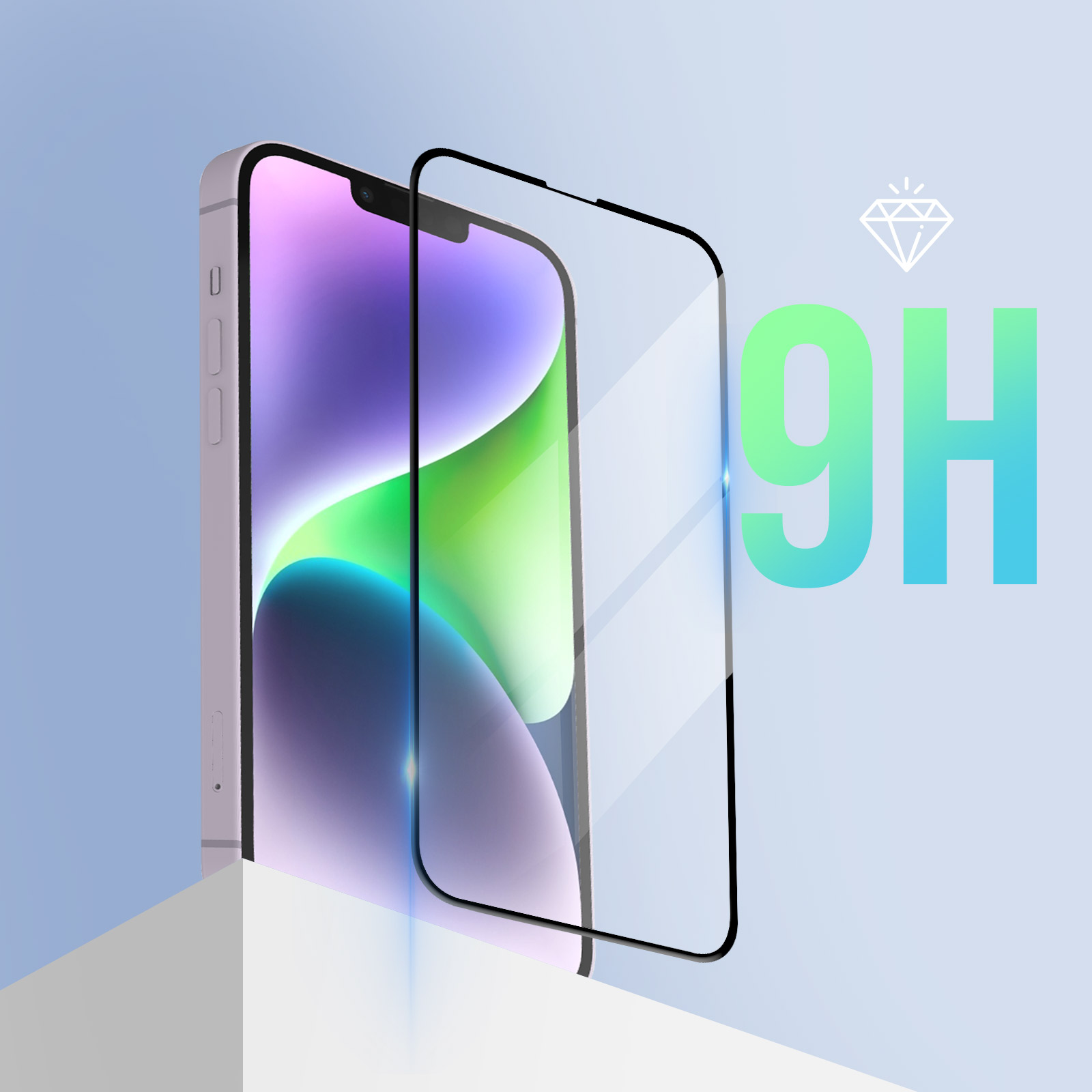 Smartphone con protezione schermo applicata, che mostra un'etichetta 9H. Sfondo azzurro.