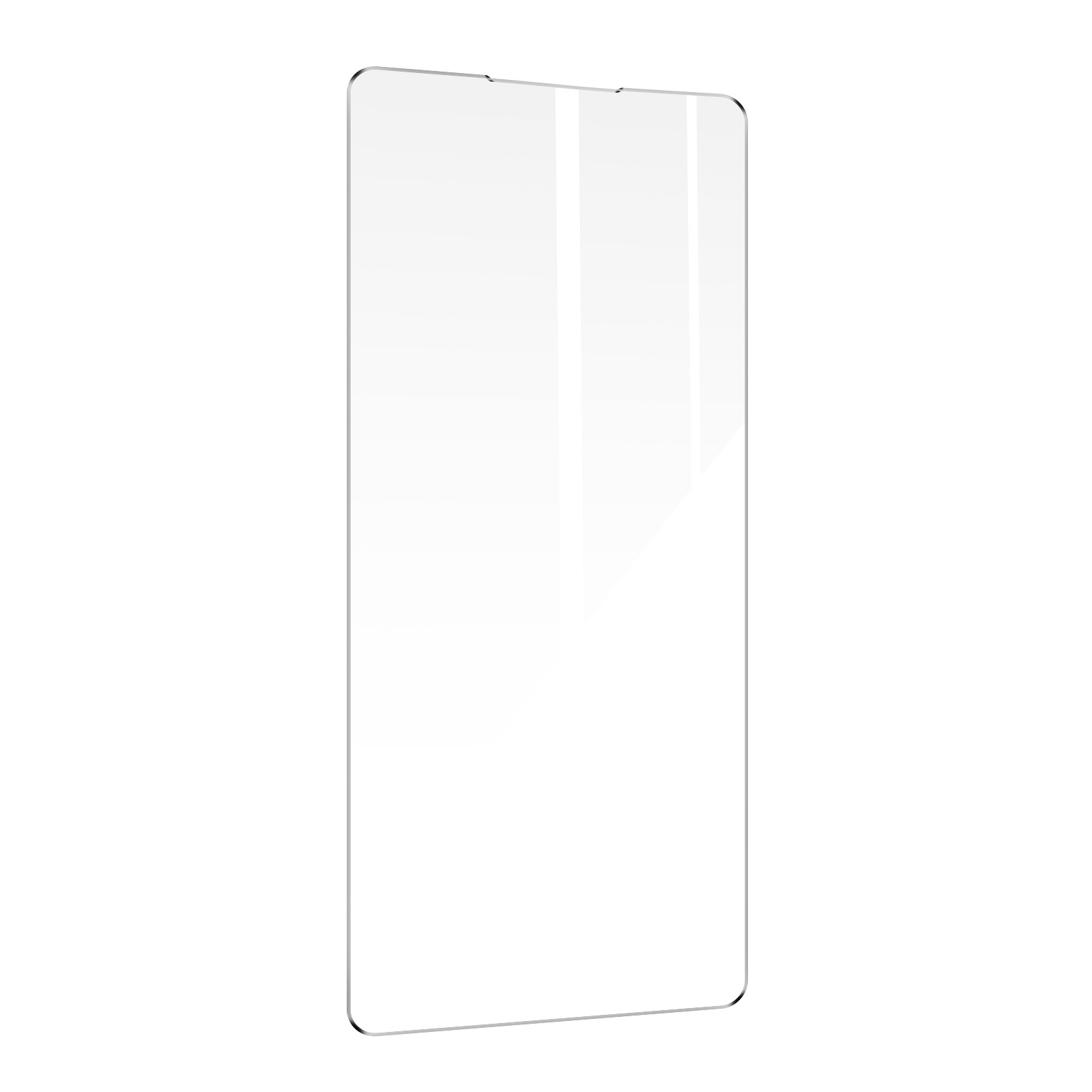 Protecteur d'écran transparent pour téléphone. Rectangulaire et transparent, sur fond blanc.
