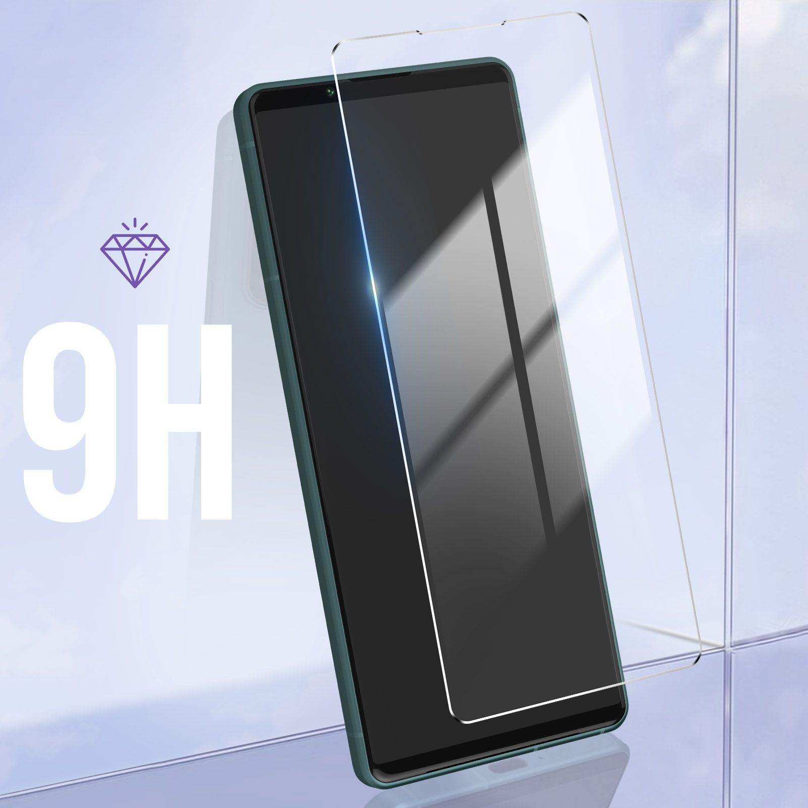 Smartphone avec un protecteur d'écran appliqué, avec du texte et une icône de diamant.