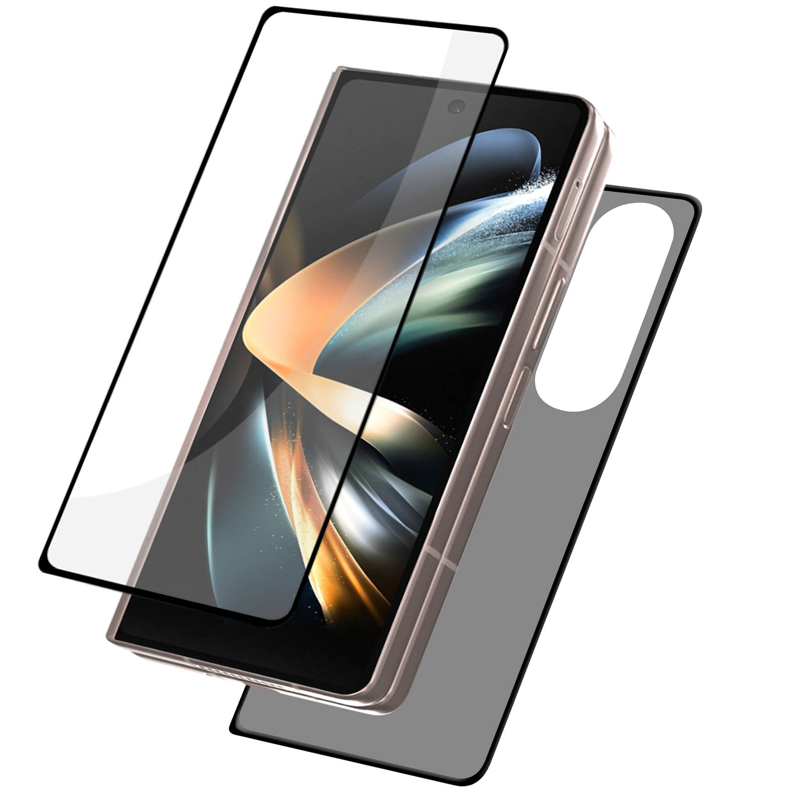 Vengono mostrati uno smartphone pieghevole, una protezione per lo schermo e una custodia. La protezione è trasparente.