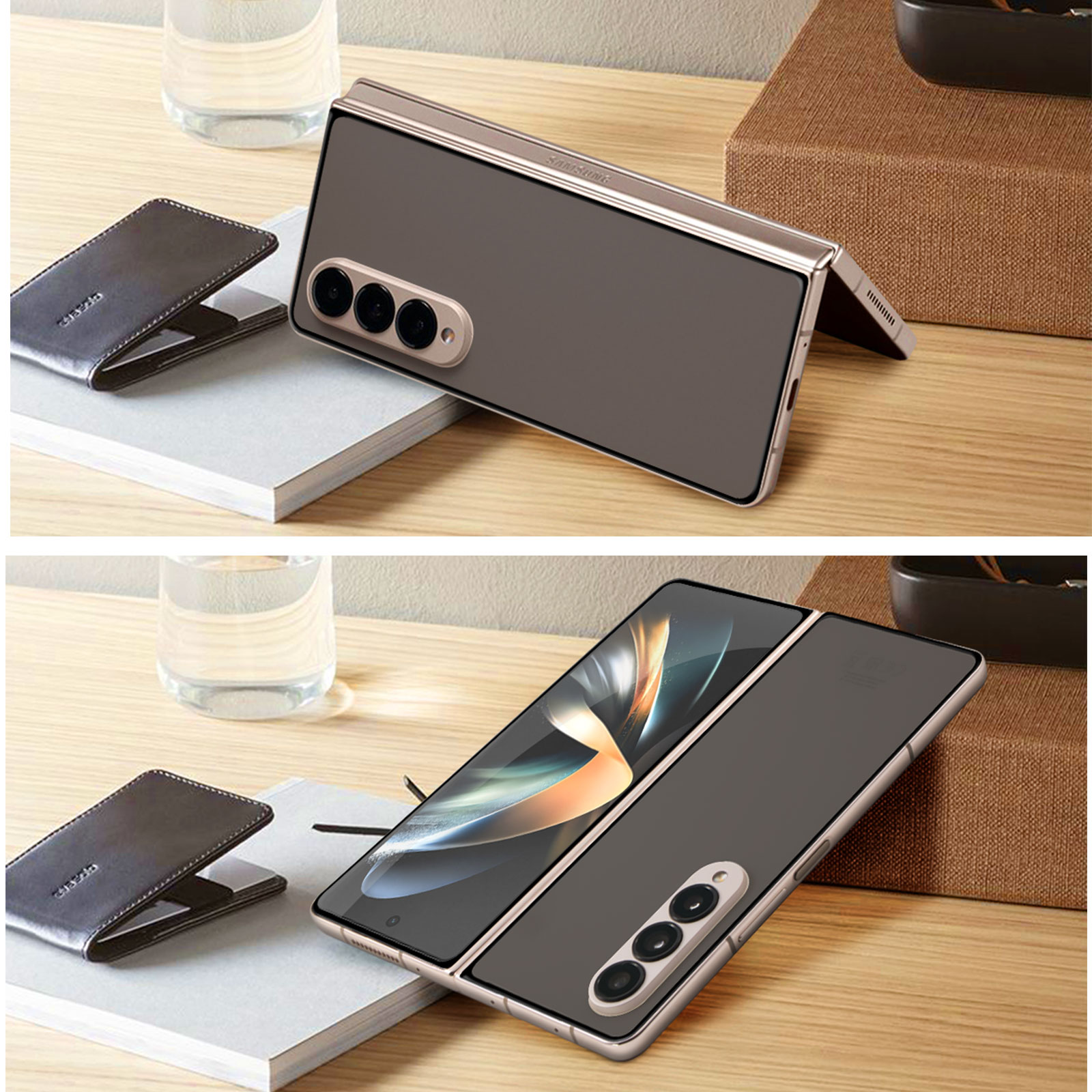 Un telefono pieghevole, aperto e chiuso, su una superficie di legno, con accessori.
