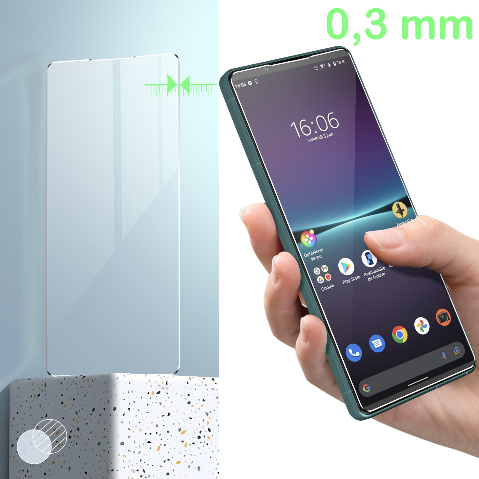 Téléphone avec protecteur d'écran. Une main tenant un téléphone avec protecteur et détails de mesure.