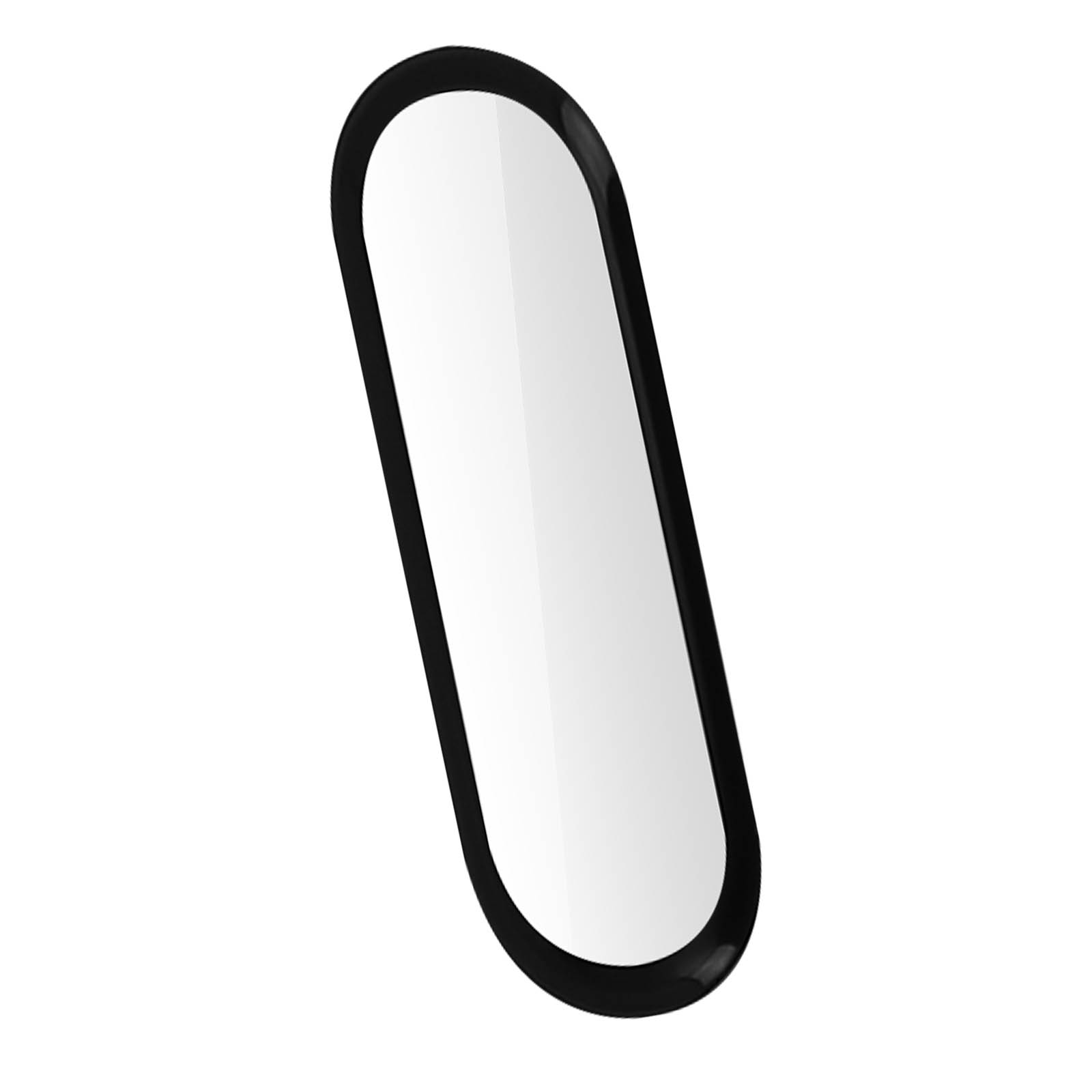 Una forma oblunga, con cornice nera e riempimento bianco, forse una protezione per schermo, su sfondo bianco.