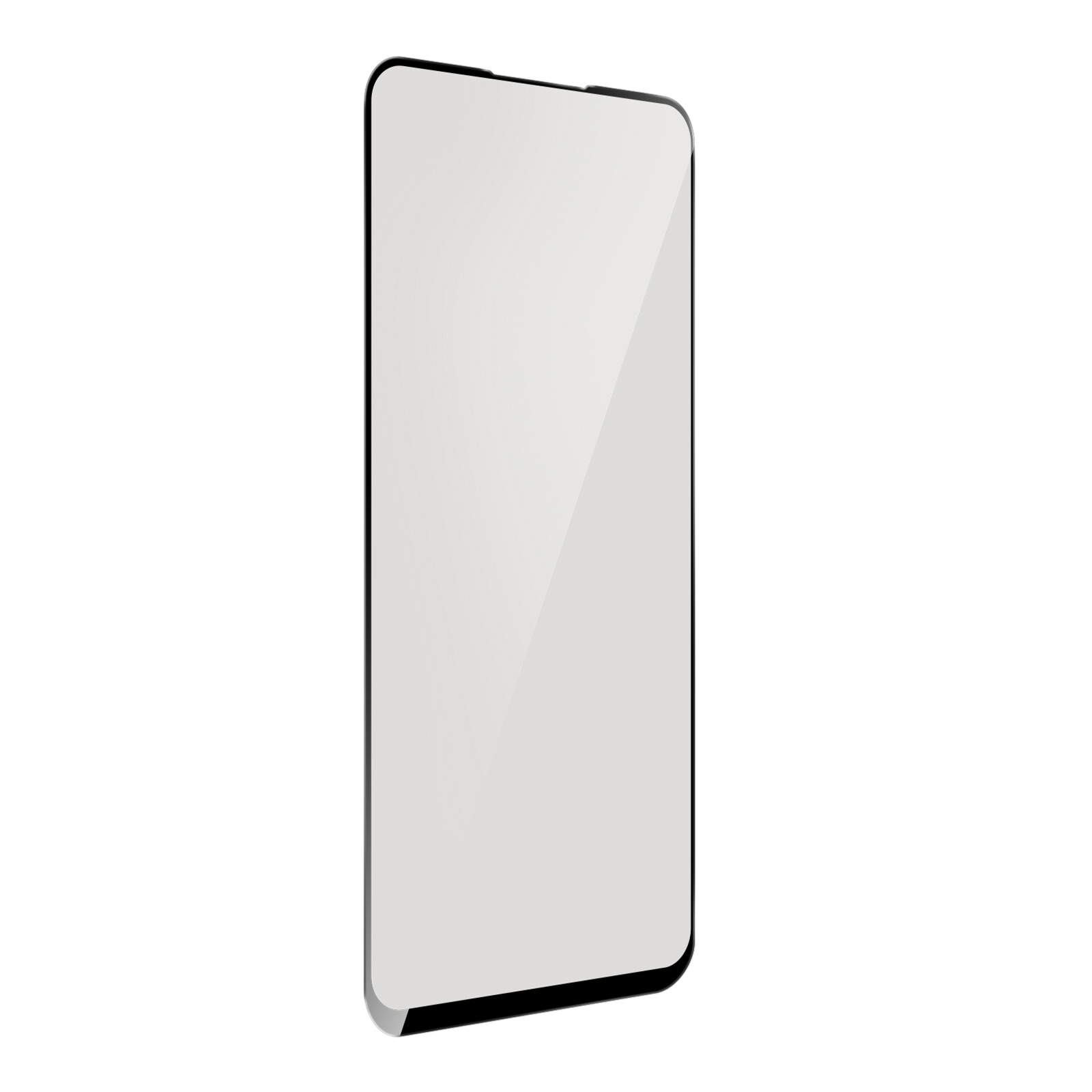 Uno smartphone, visto di lato, ha una cornice nera e uno schermo bianco. Lo sfondo è bianco.