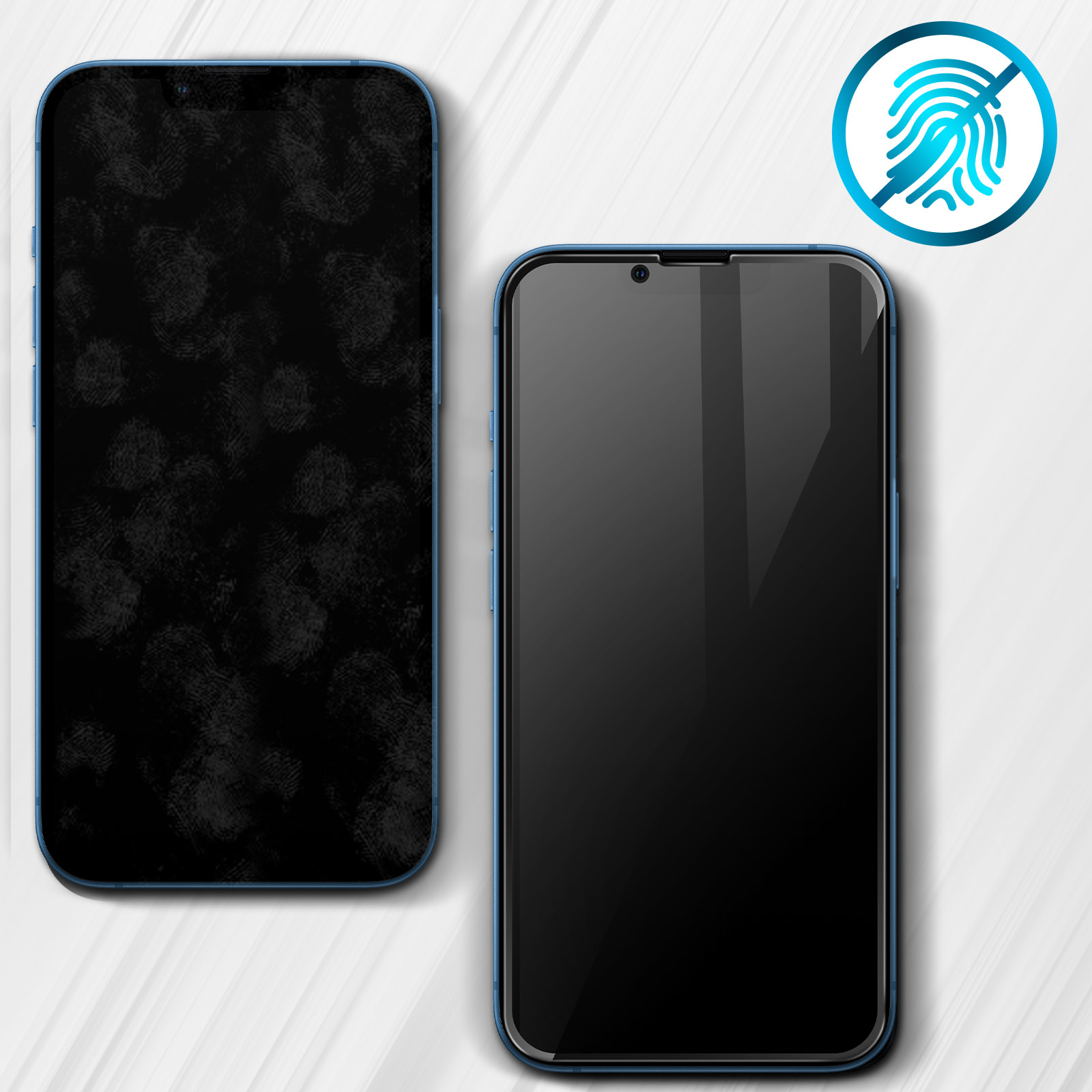 Due smartphone, uno con impronte digitali, uno pulito con cornice blu.