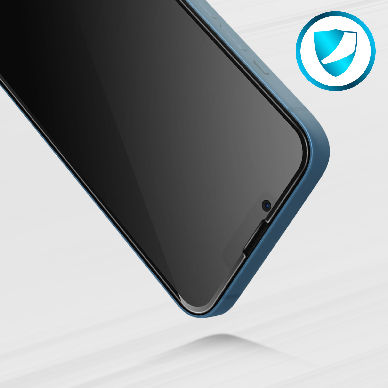 Primo piano di una custodia blu per telefono che copre il bordo di un telefono, con un'icona a scudo nell'angolo.