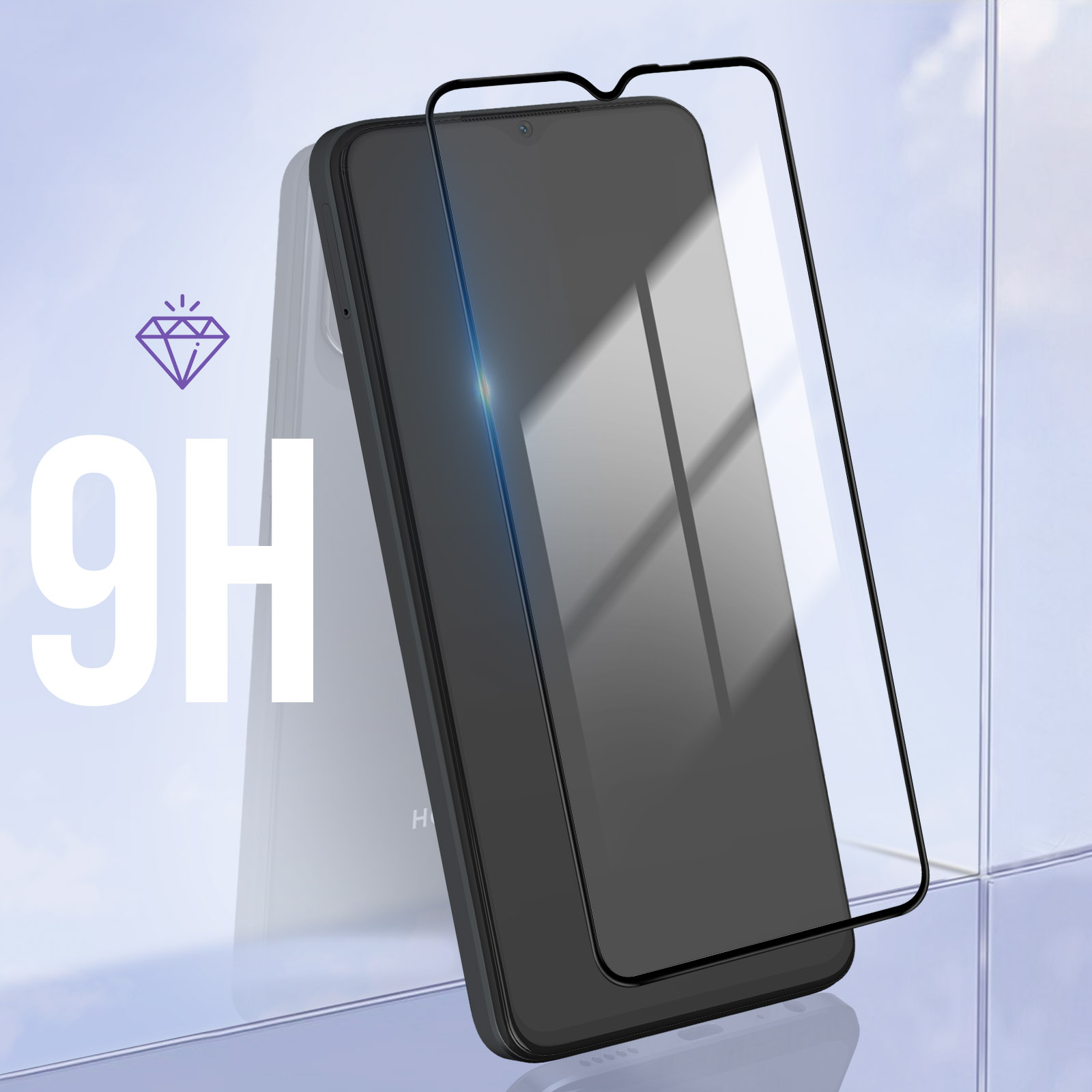 Un telefono nero con protezione schermo, con un'icona a diamante e testo 9H.