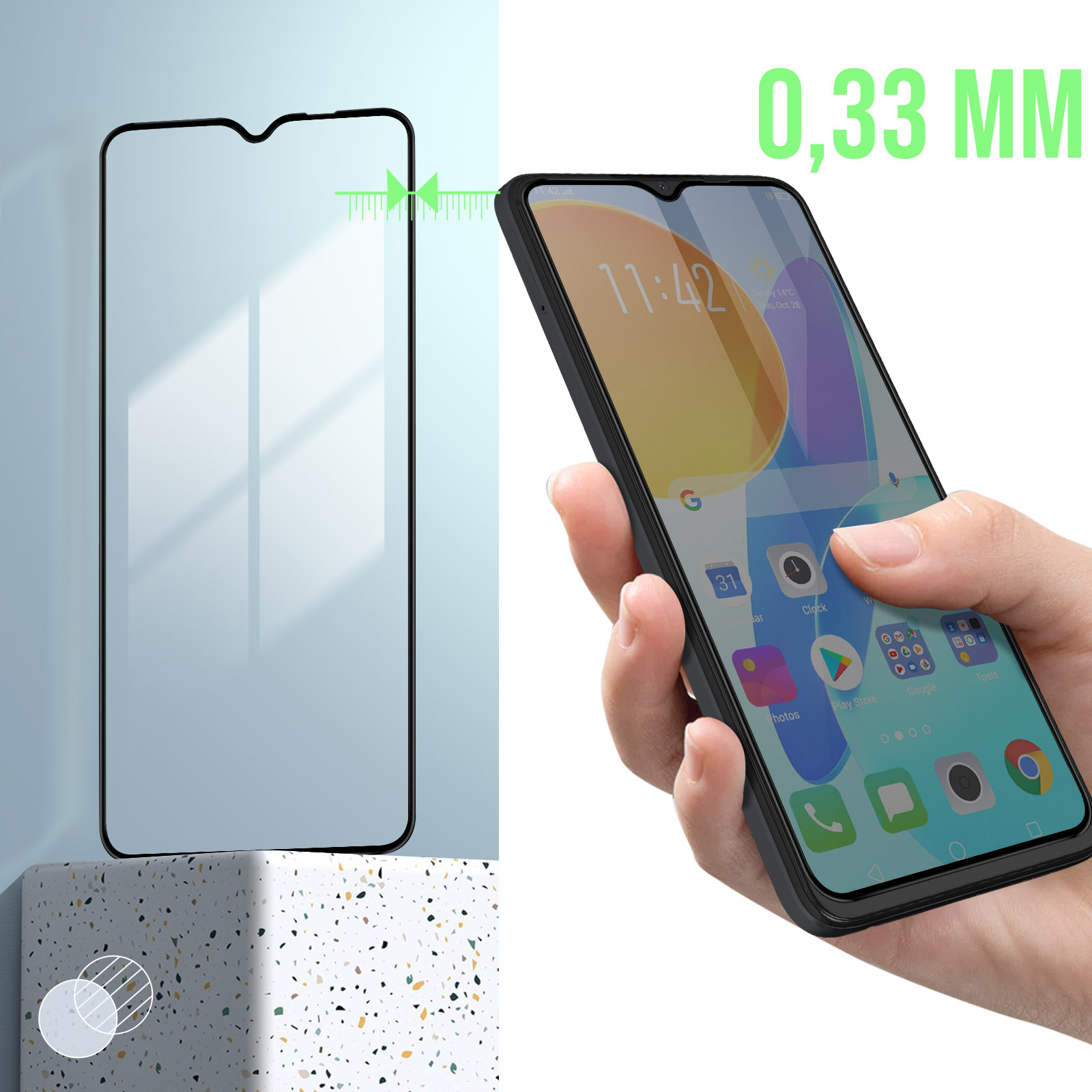 Un telefono e una protezione per lo schermo. La protezione per lo schermo è spessa 0,33 mm. Il telefono è in mano.