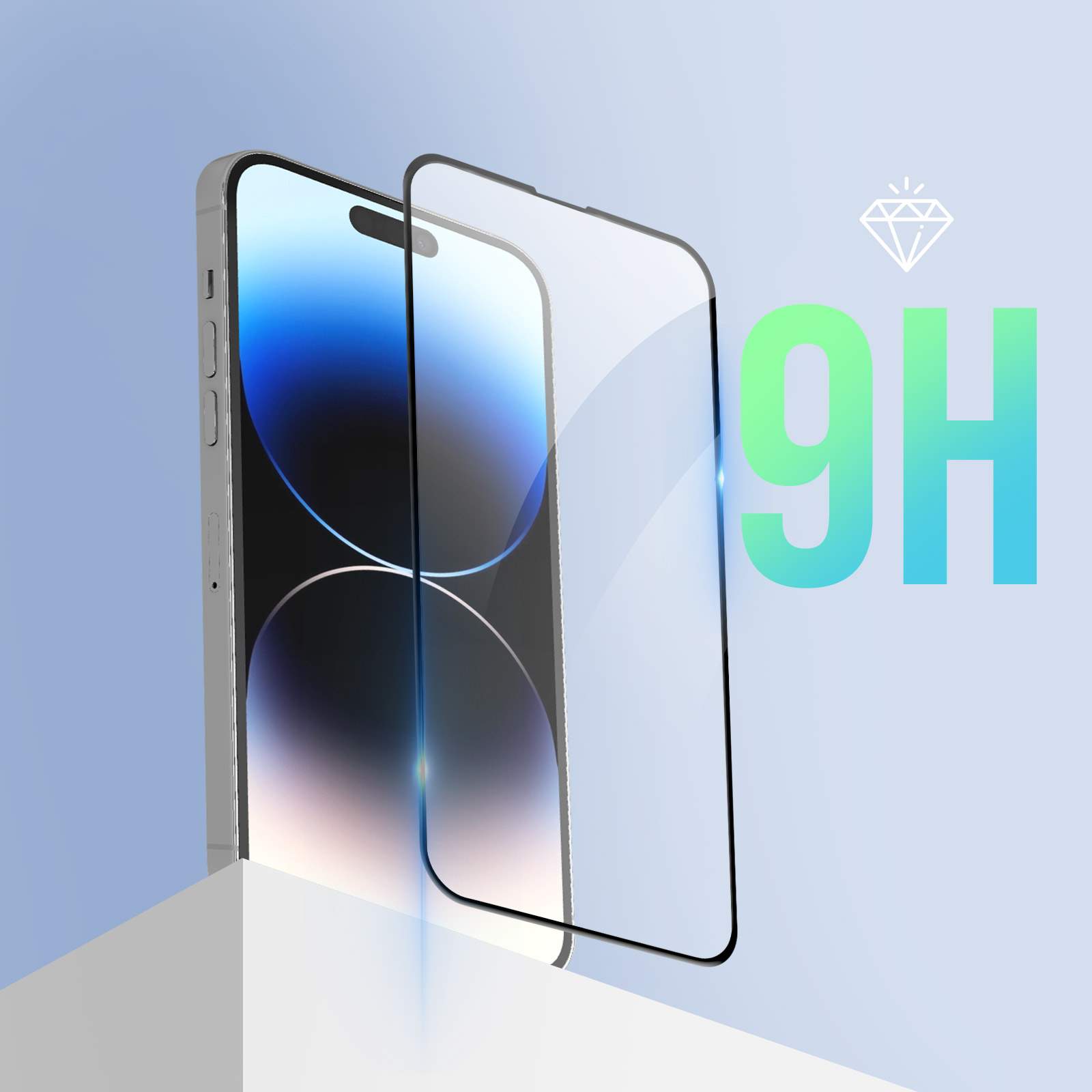 Telefono con protezione schermo. La protezione è separata. Testo 9H. Sfondo blu e bianco.