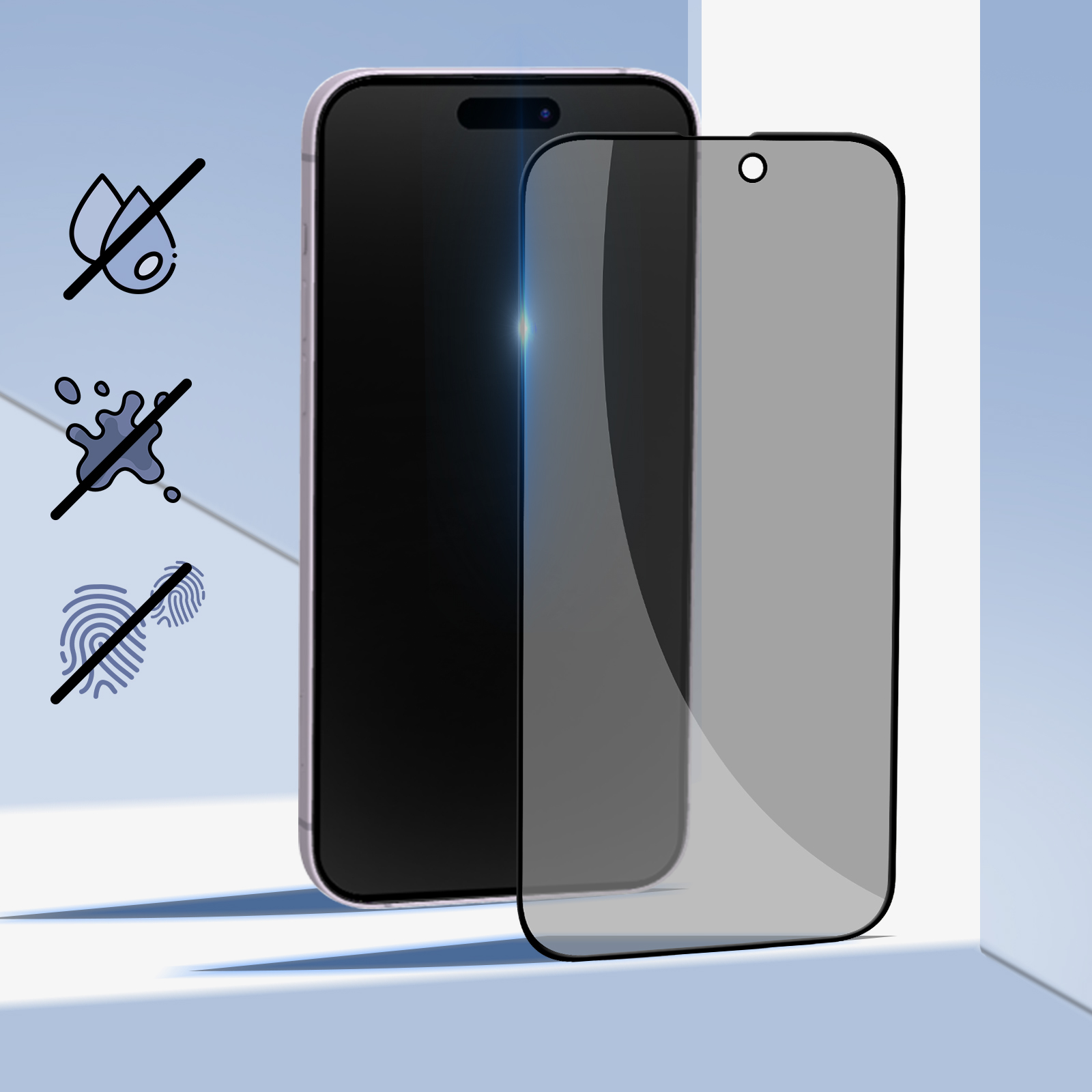 Proteggi schermo per telefono con un telefono. Schermo nero e bordi neri con icone di acqua e impronte digitali.