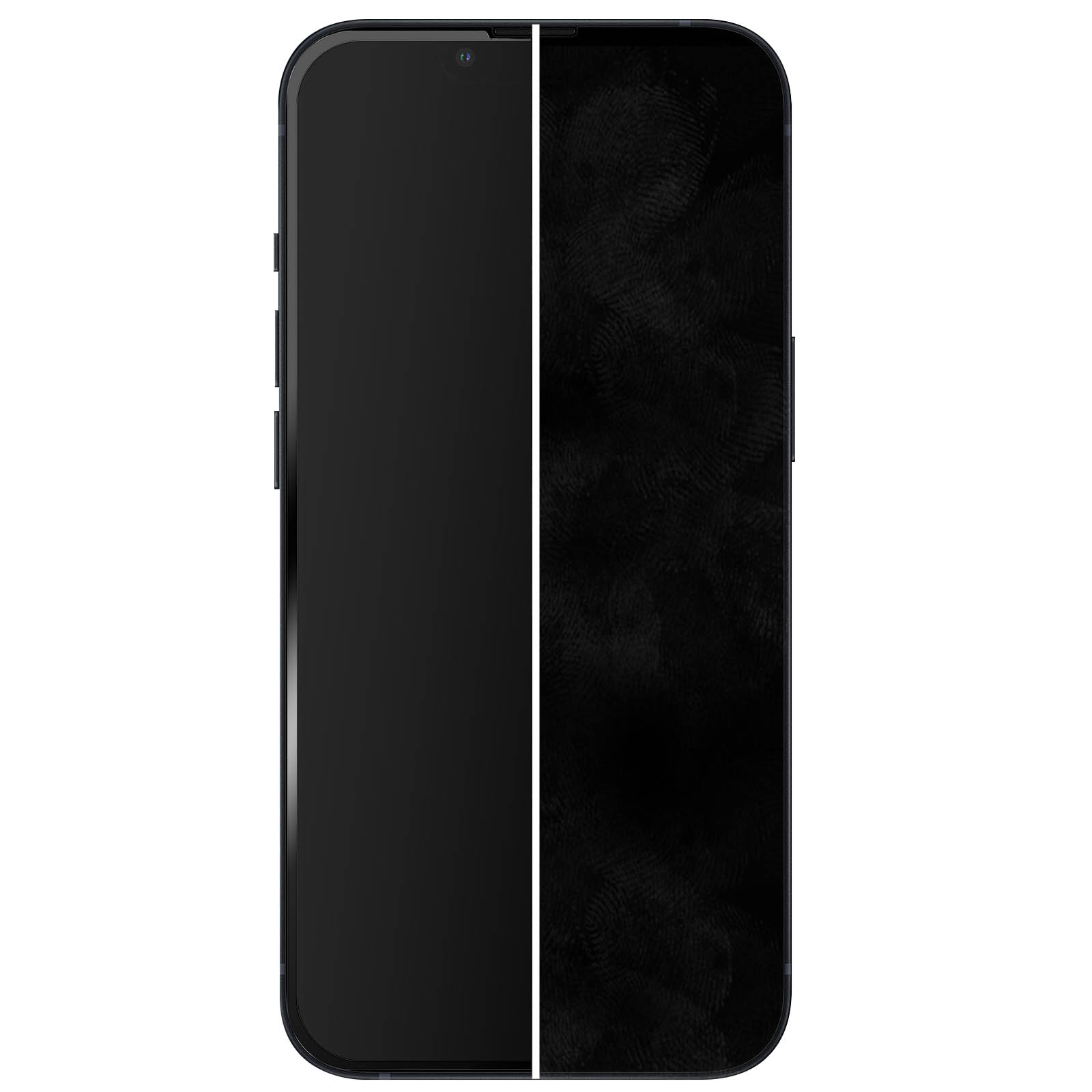 Schermo del telefono diviso a metà: lato sinistro nero, lato destro mostra impronte digitali.