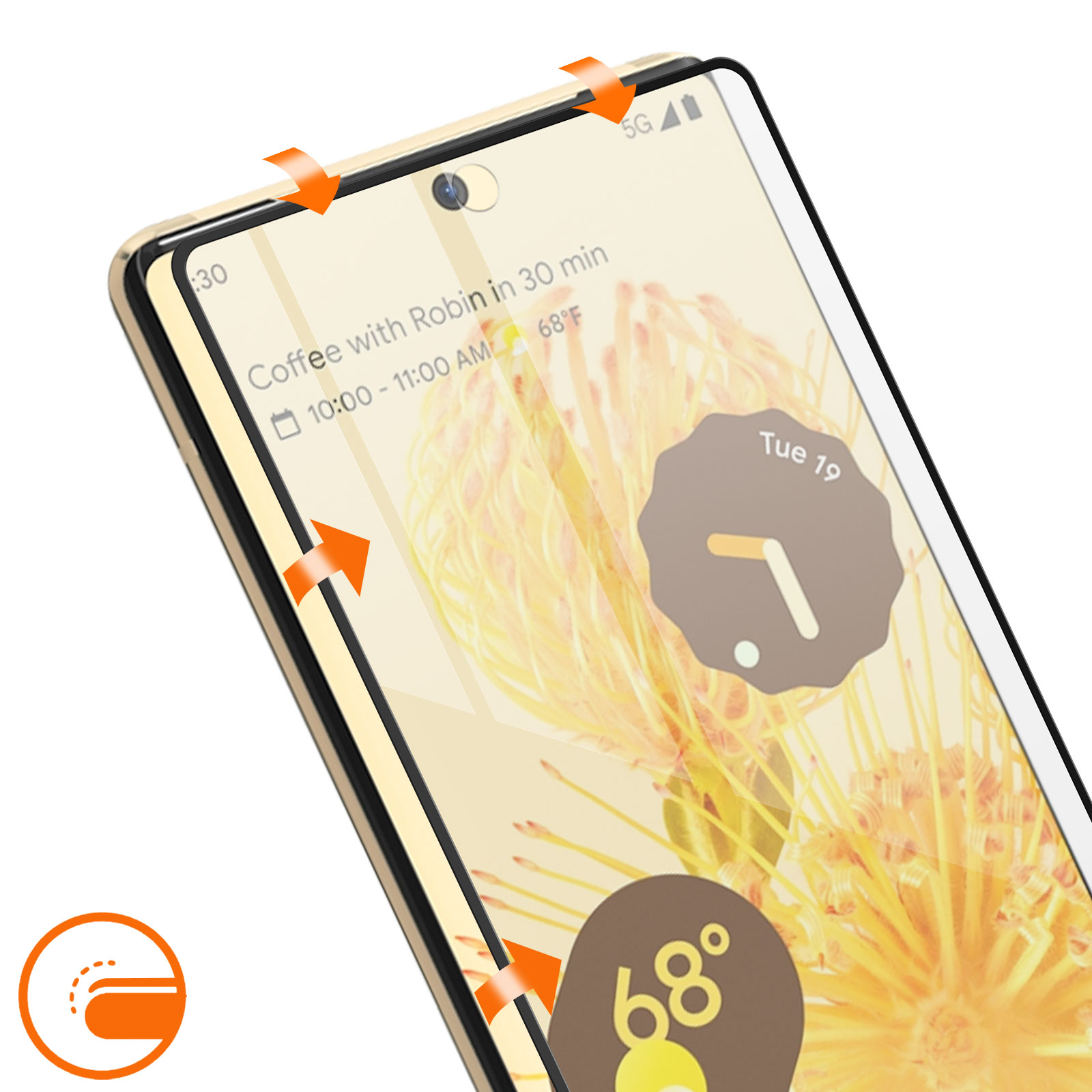 Una protezione schermo per telefono con un telefono, che mostra ora e temperatura.