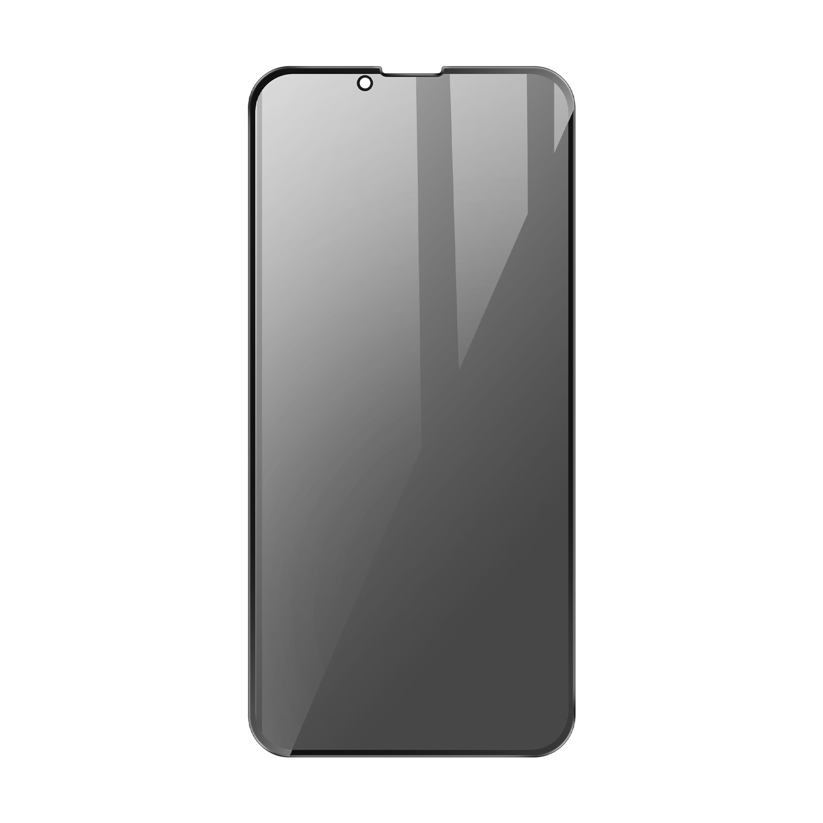 Una protezione per lo schermo del telefono. È di colore grigio scuro, con una cornice nera.