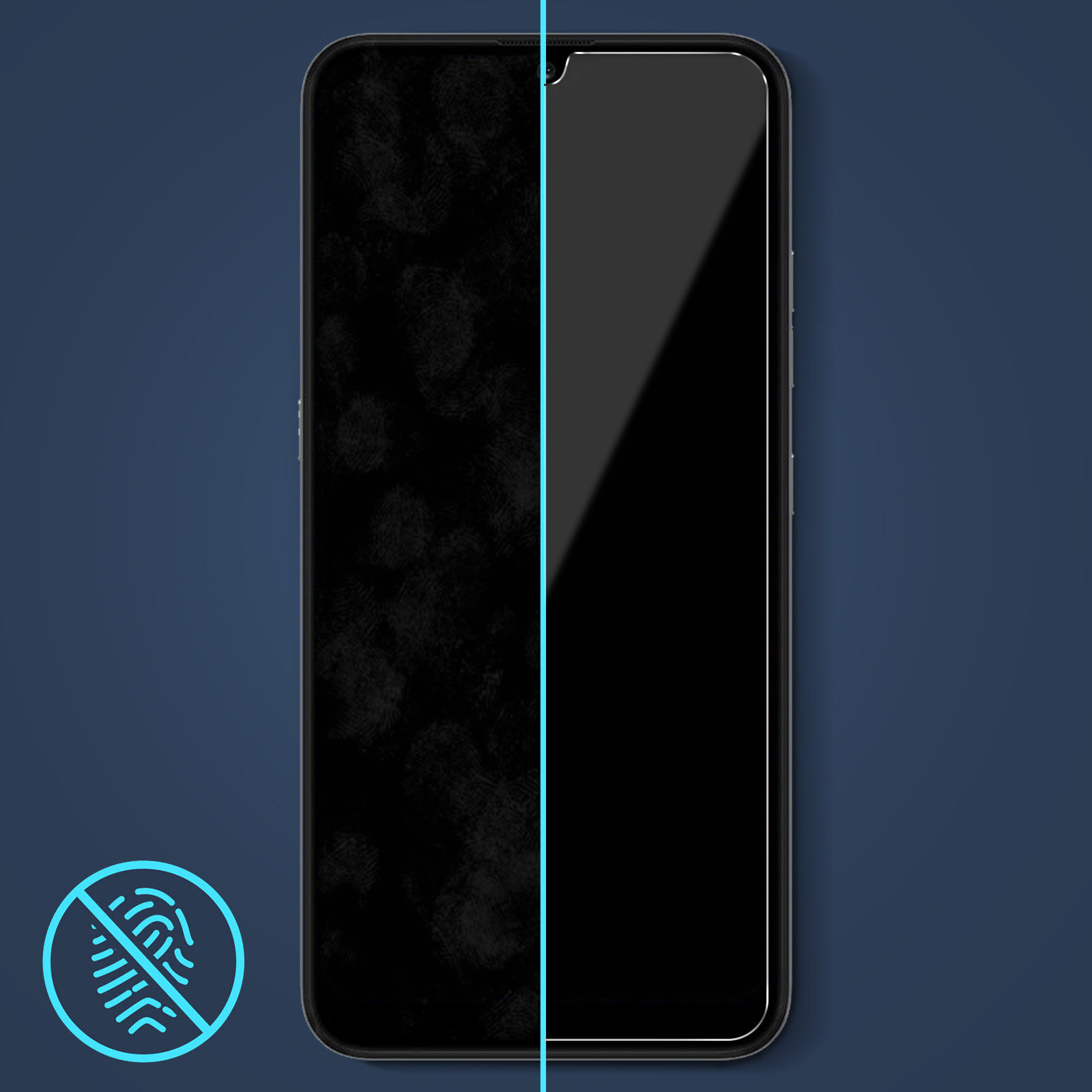 Dimostrazione dello schermo dello smartphone. Impronte digitali a sinistra, lato destro pulito. Sfondo blu con logo.