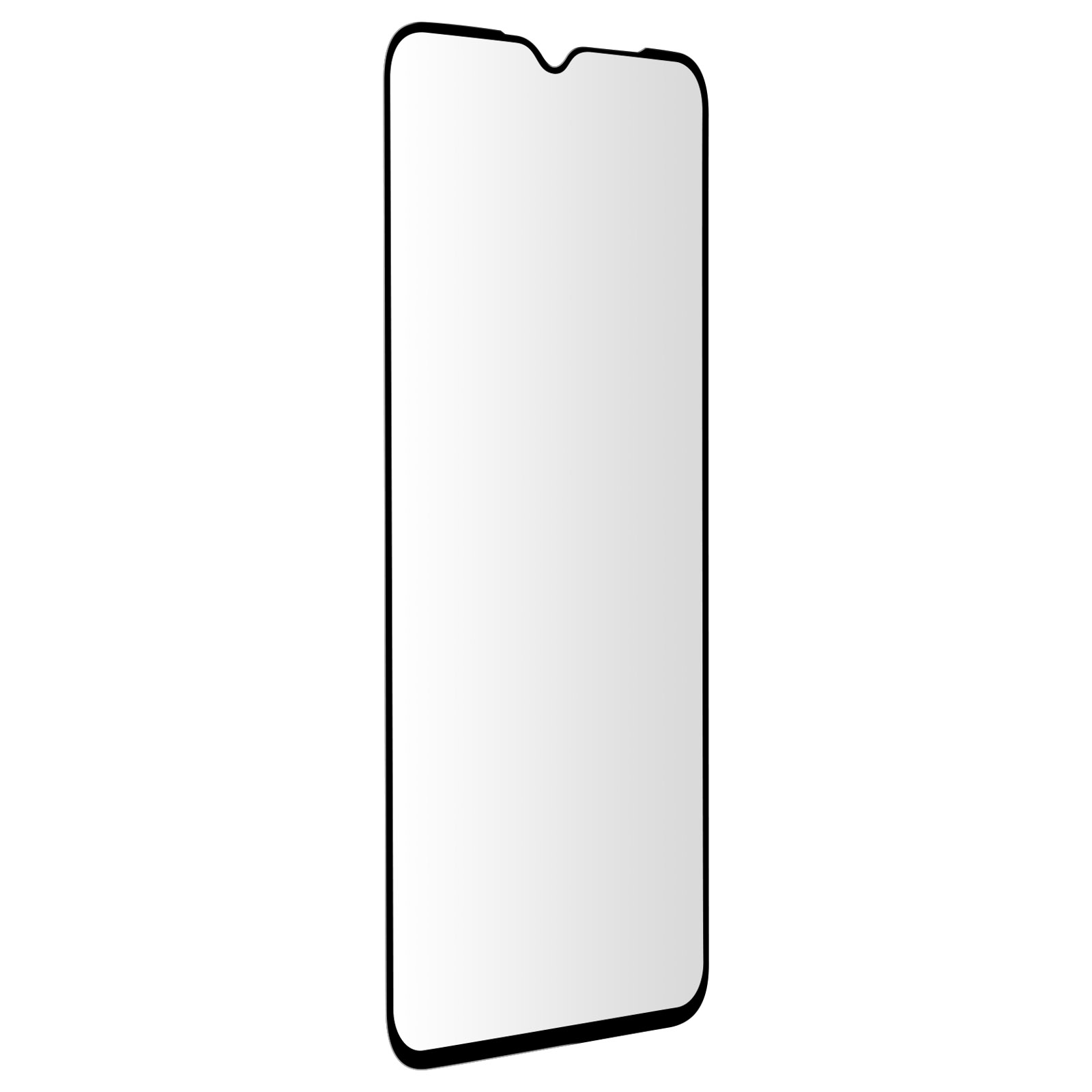 Un proteggi schermo per smartphone. Schermo trasparente con bordo nero, angoli arrotondati e tacca in alto.
