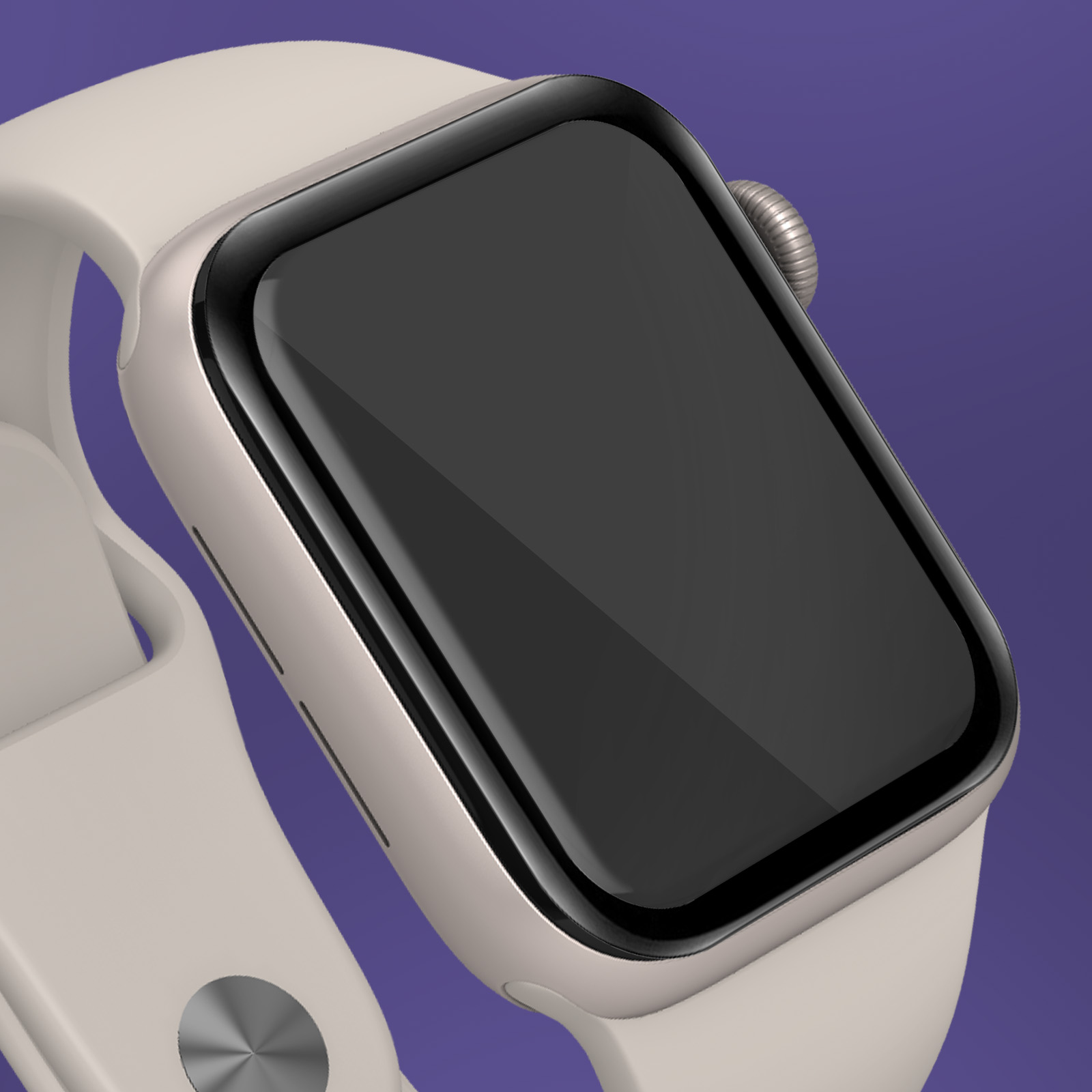 Un reloj inteligente de color claro con pantalla negra sobre fondo morado.