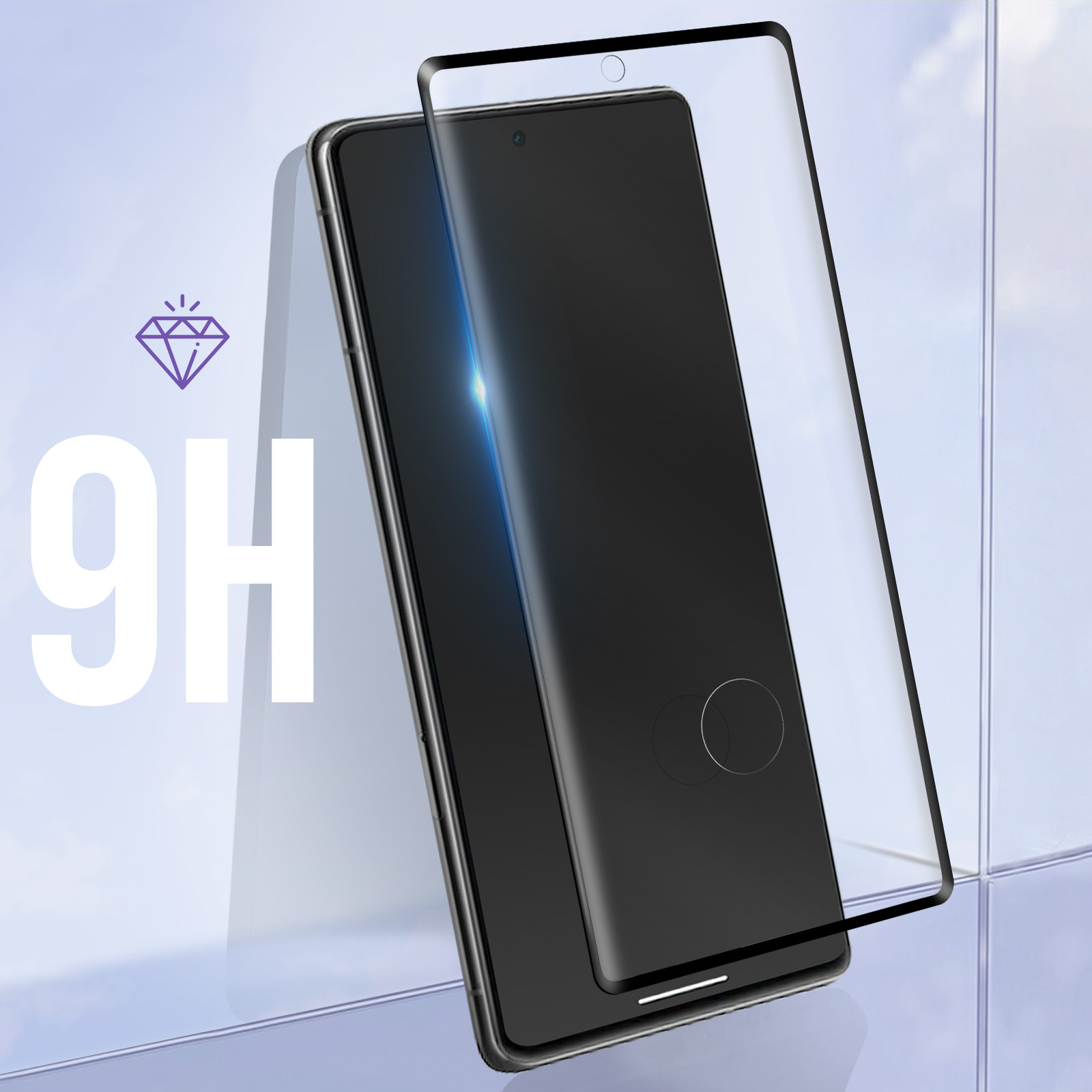Un smartphone avec un protecteur d'écran appliqué, avec le texte '9H' et un symbole de diamant.