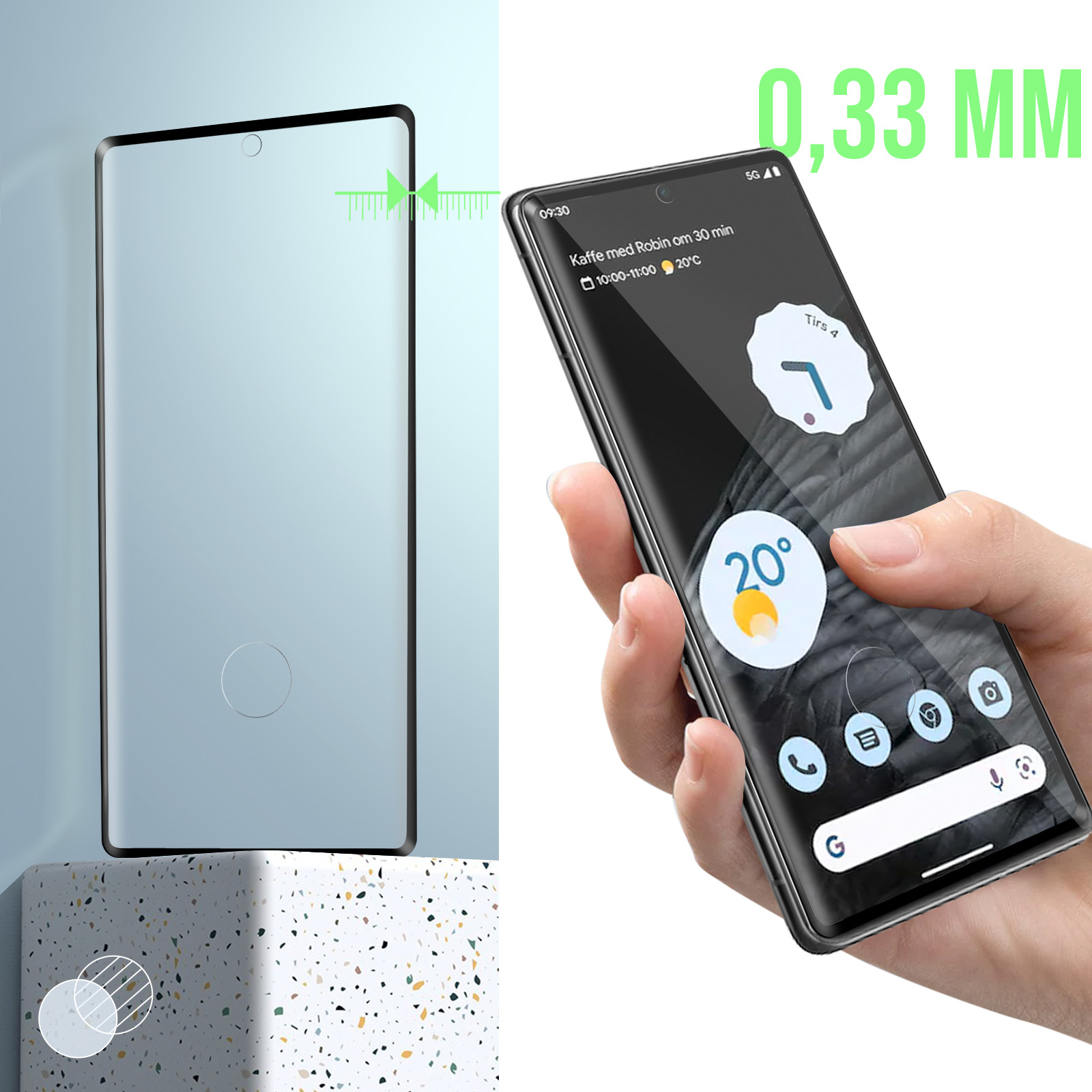 Un téléphone avec un protecteur d'écran appliqué. Une main tient le téléphone. L'écran est allumé. Texte de 0,33 mm.