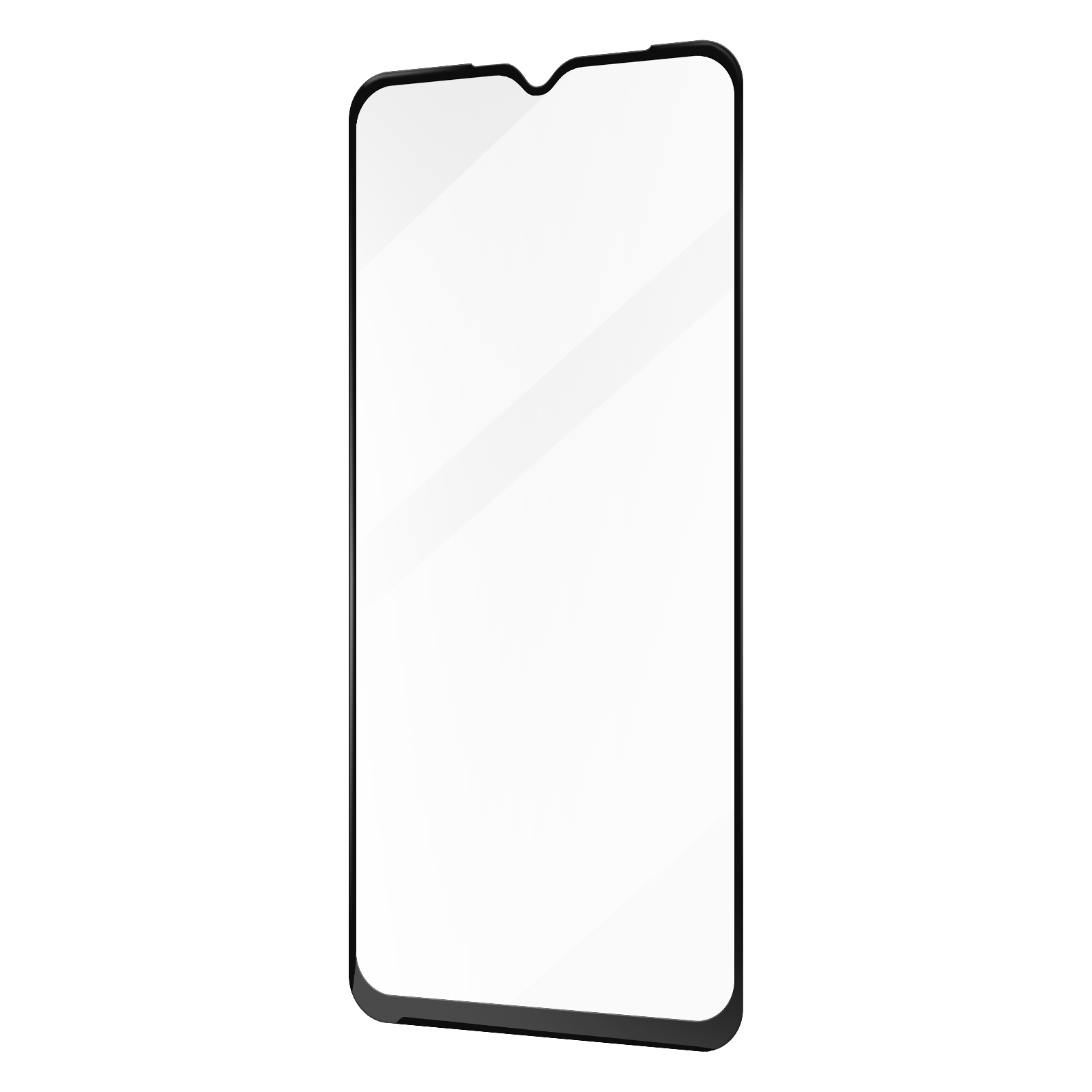 Un protecteur d'écran transparent pour un téléphone, avec un cadre noir. Il est isolé sur fond blanc.