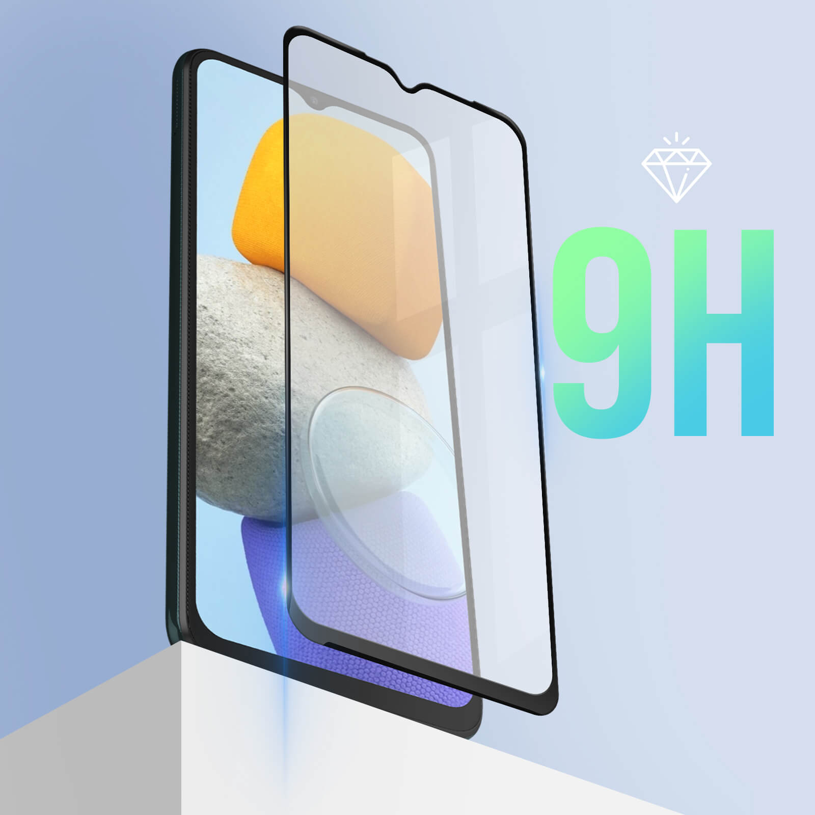 Un téléphone avec un protecteur d'écran et une icône de diamant 9H.