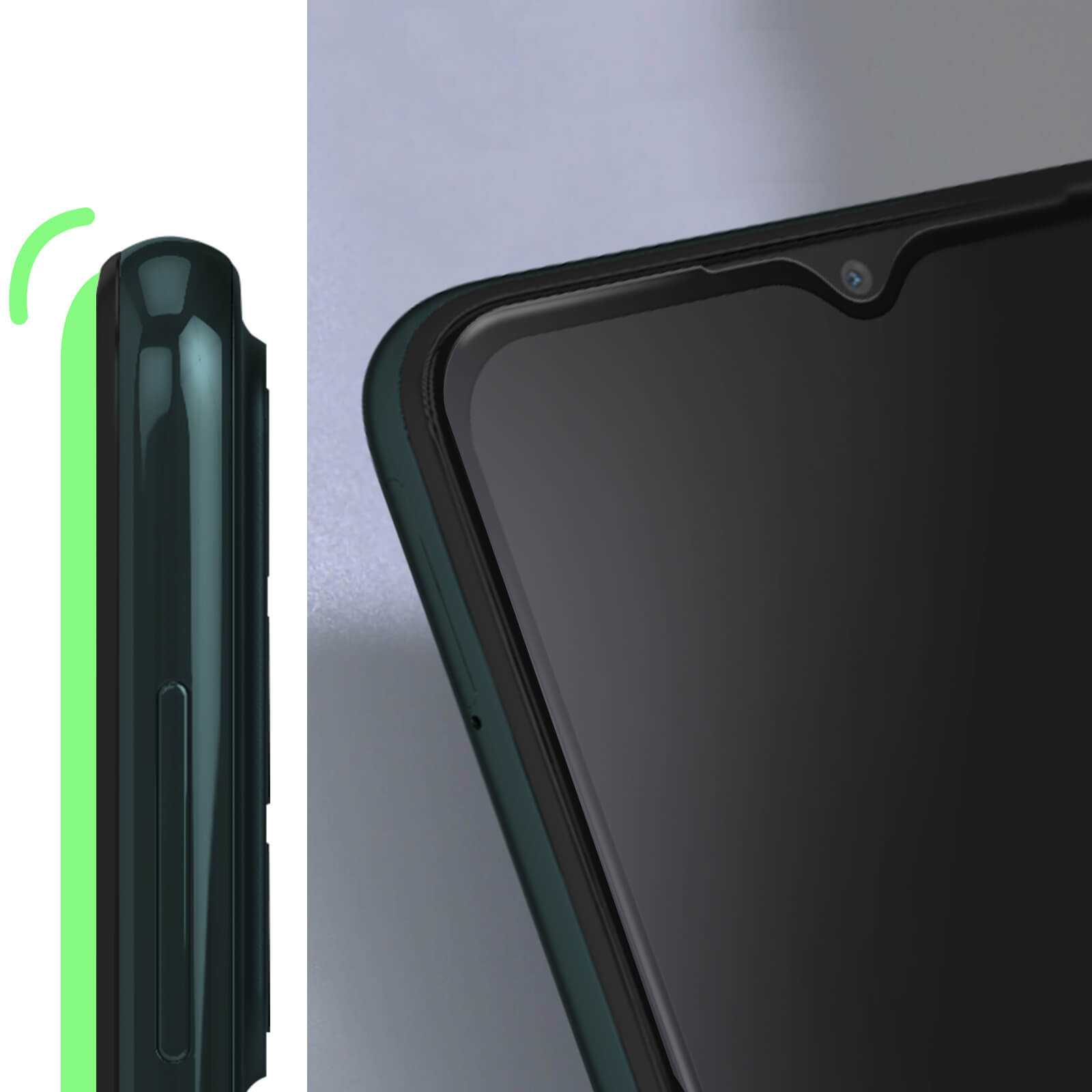 Gros plan du côté d'un téléphone. Vert, avec bouton marche/arrêt et volume.
