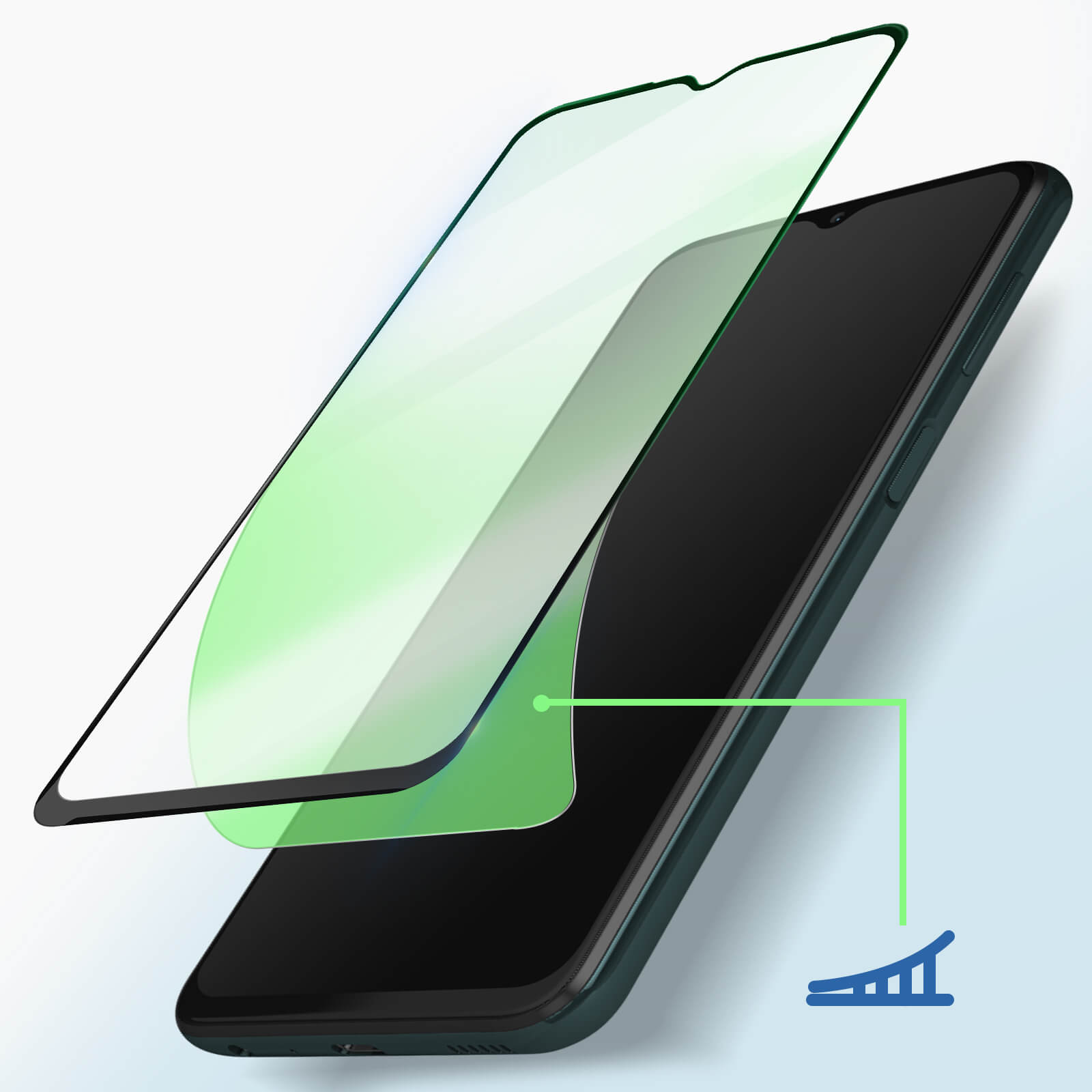 Téléphone et protecteur d'écran. Le protecteur est teinté de vert, placé au-dessus du téléphone. Une ligne verte indique l'application.