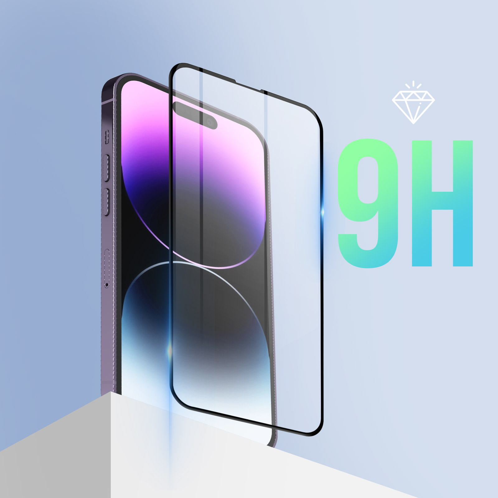 iPhone 14 Pro in una custodia viola con protezione schermo, etichetta 9H.