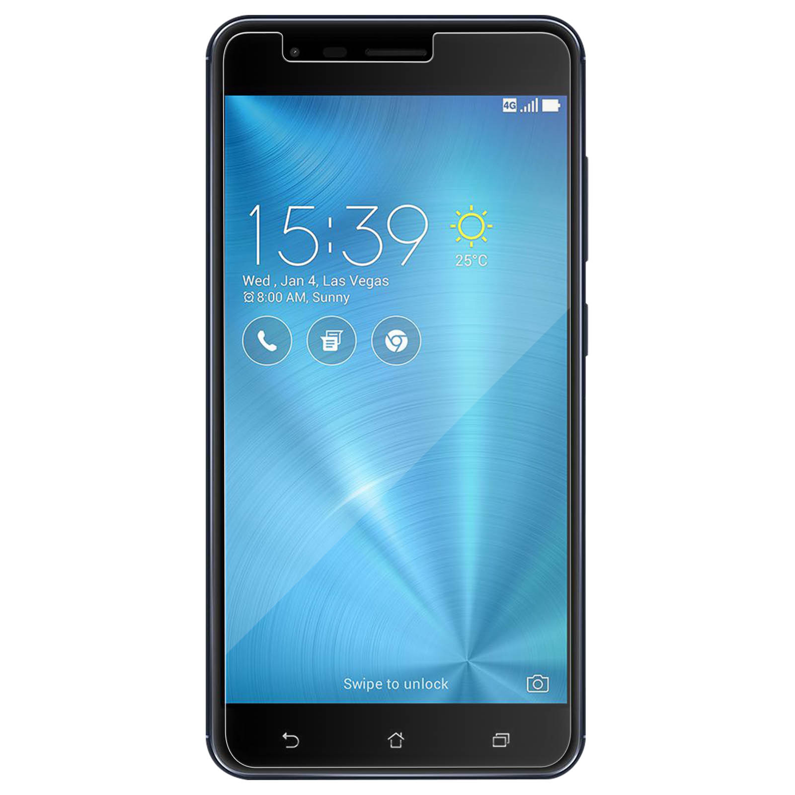 Smartphone negro que muestra la hora 15:39, con información meteorológica. Iconos de teléfono, mensajes y Chrome.