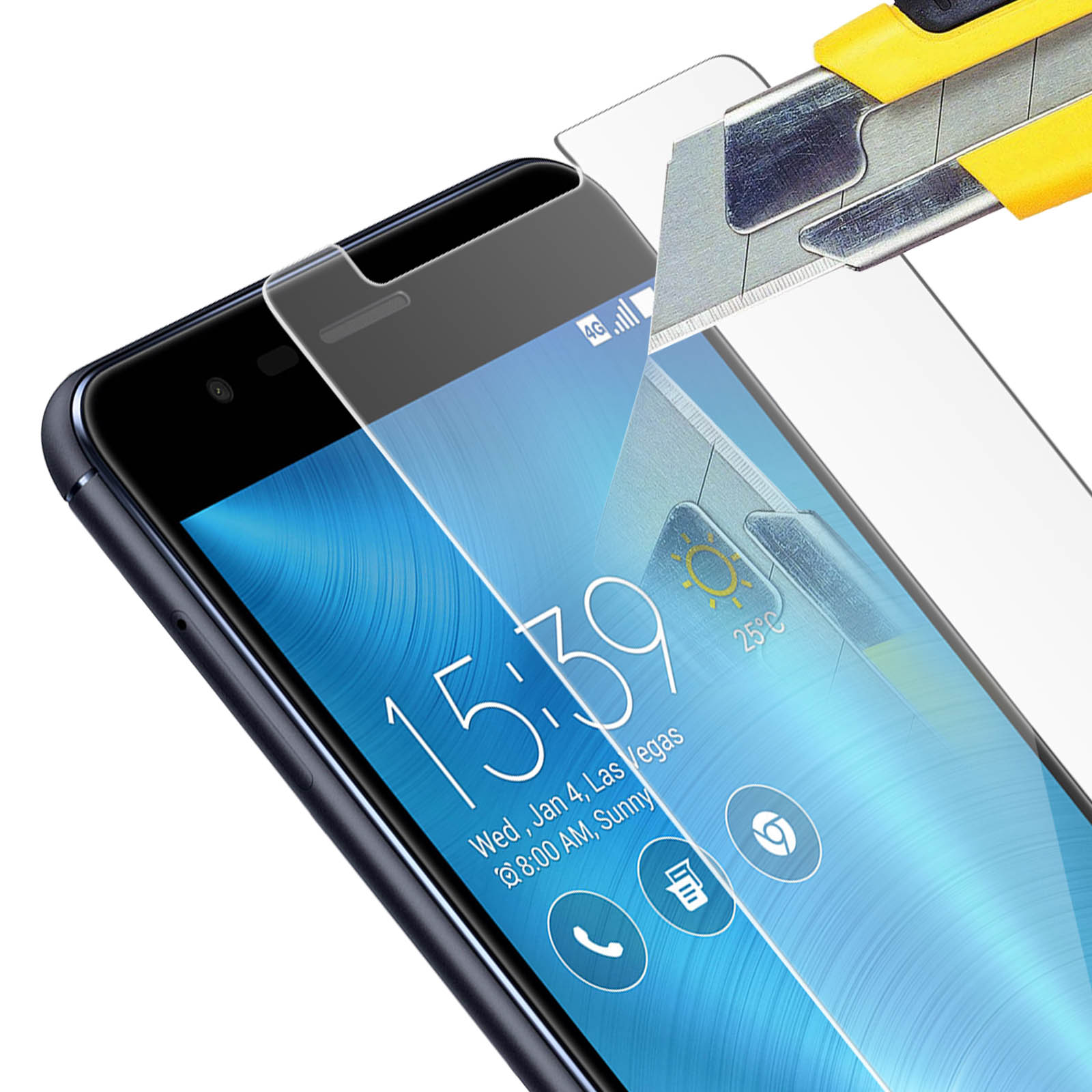 Un teléfono cubierto con un protector de pantalla, con una herramienta de corte.