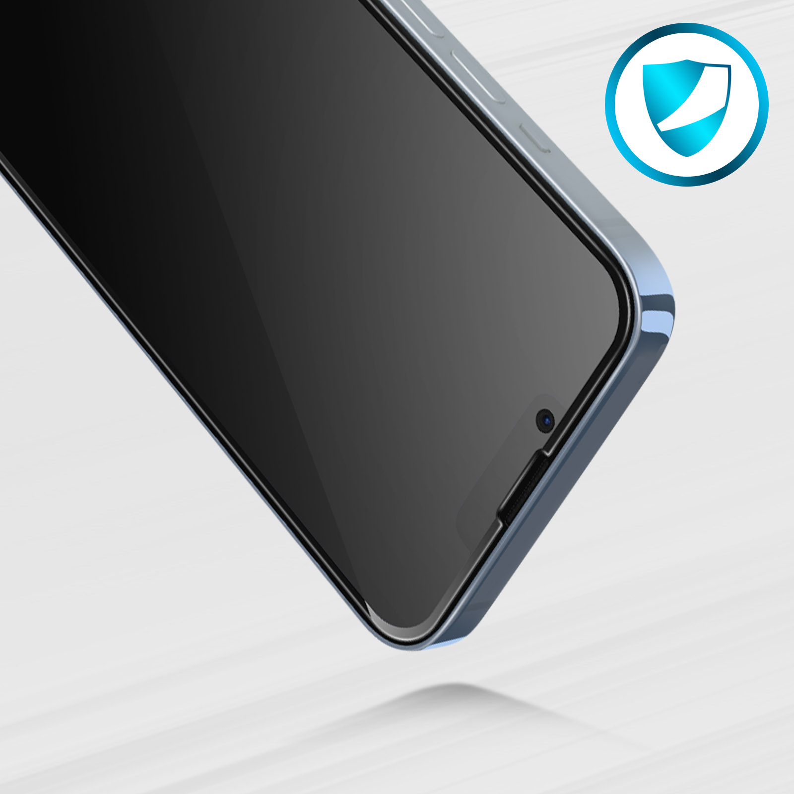 Uno schermo del telefono, con una cornice blu. Lo schermo è nero. C'è un'icona a scudo.