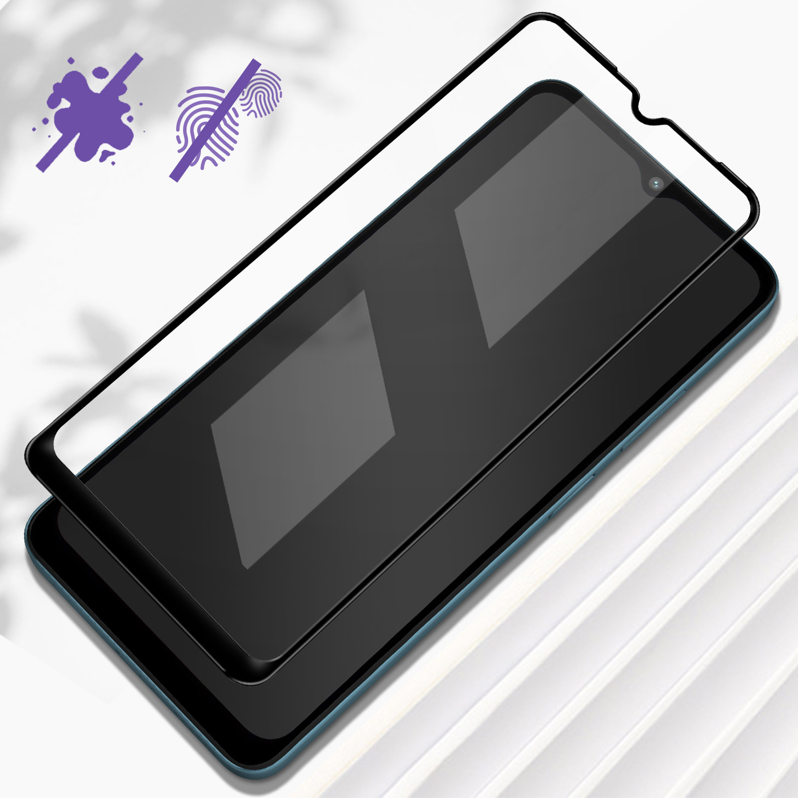 Téléphone avec protecteur d'écran appliqué, avec des icônes d'empreintes digitales et de taches en arrière-plan.