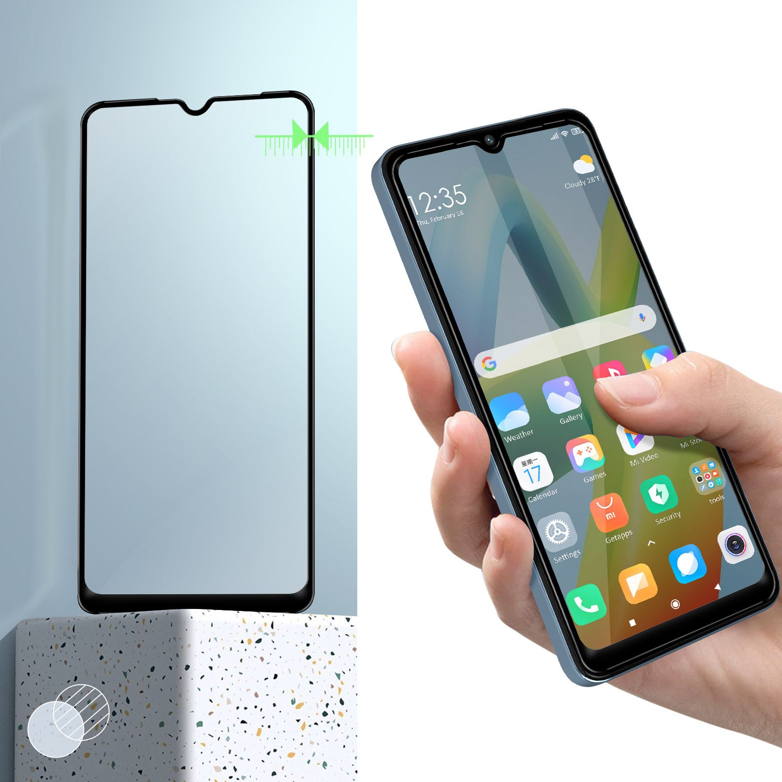 Een telefoon met een blauwe hoes en een schermbeschermer ernaast, met apps.