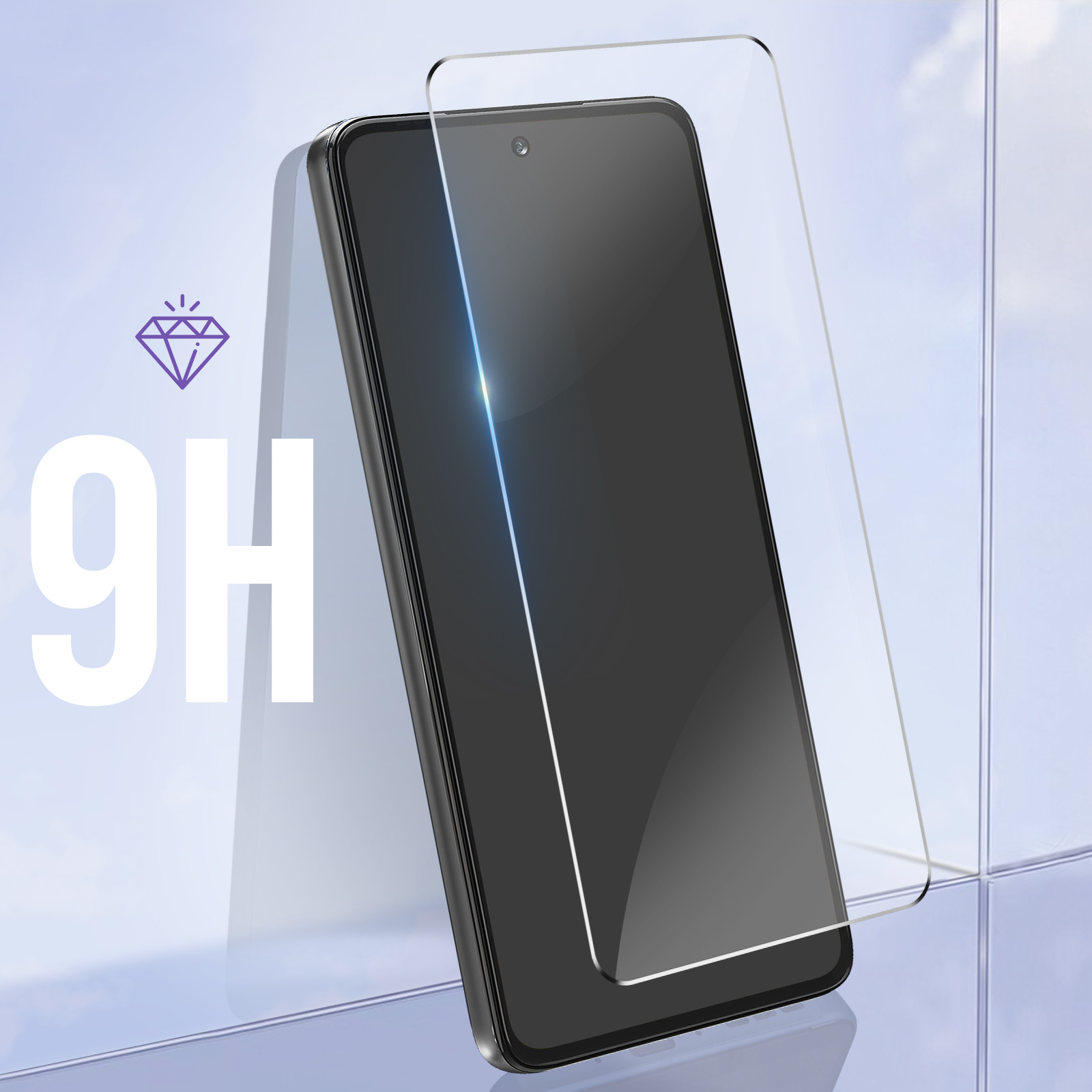 Un smartphone avec un protecteur d'écran. Le protecteur est transparent et le téléphone est noir.