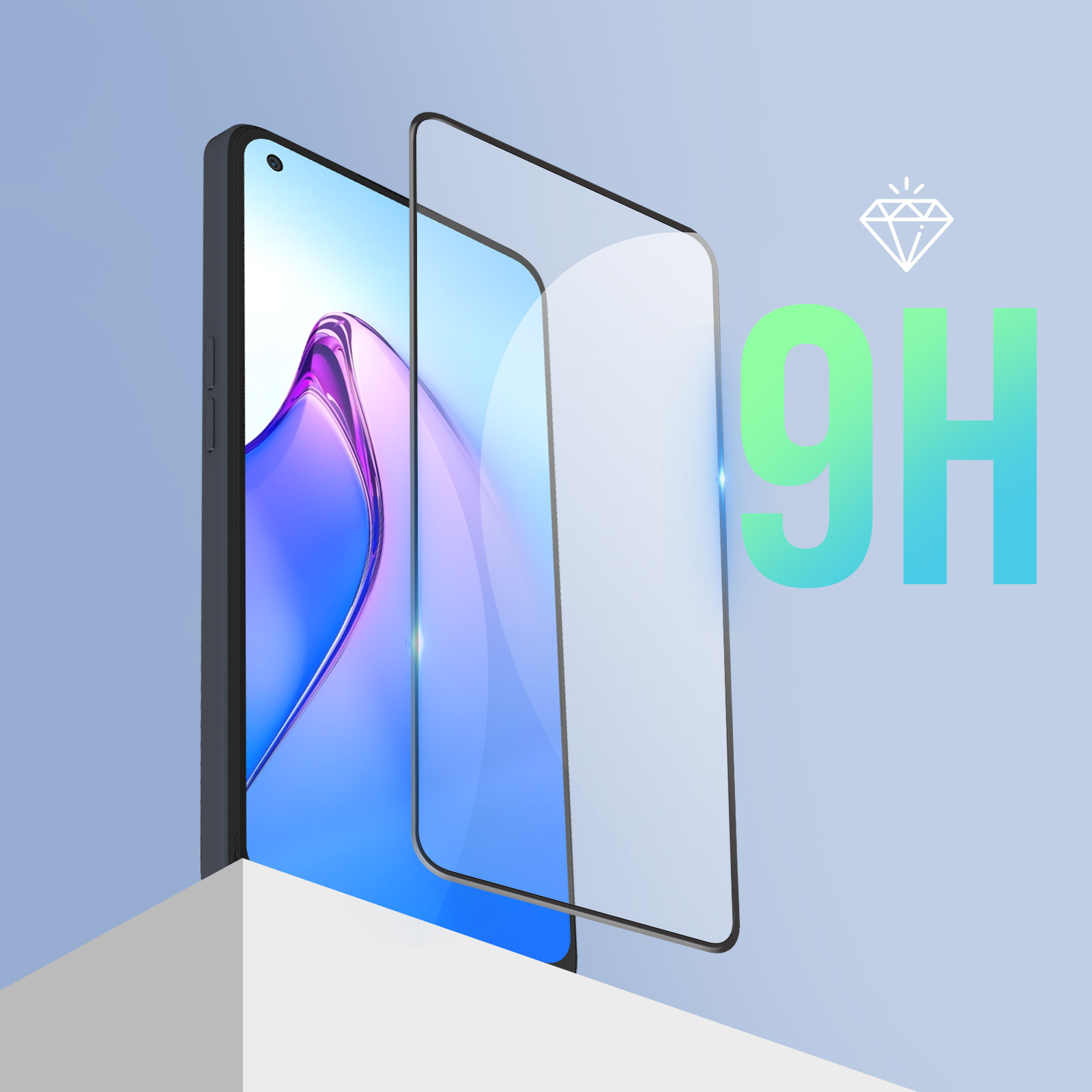 Uno smartphone con protezione per lo schermo. La protezione è trasparente e il telefono è nero con schermo blu.
