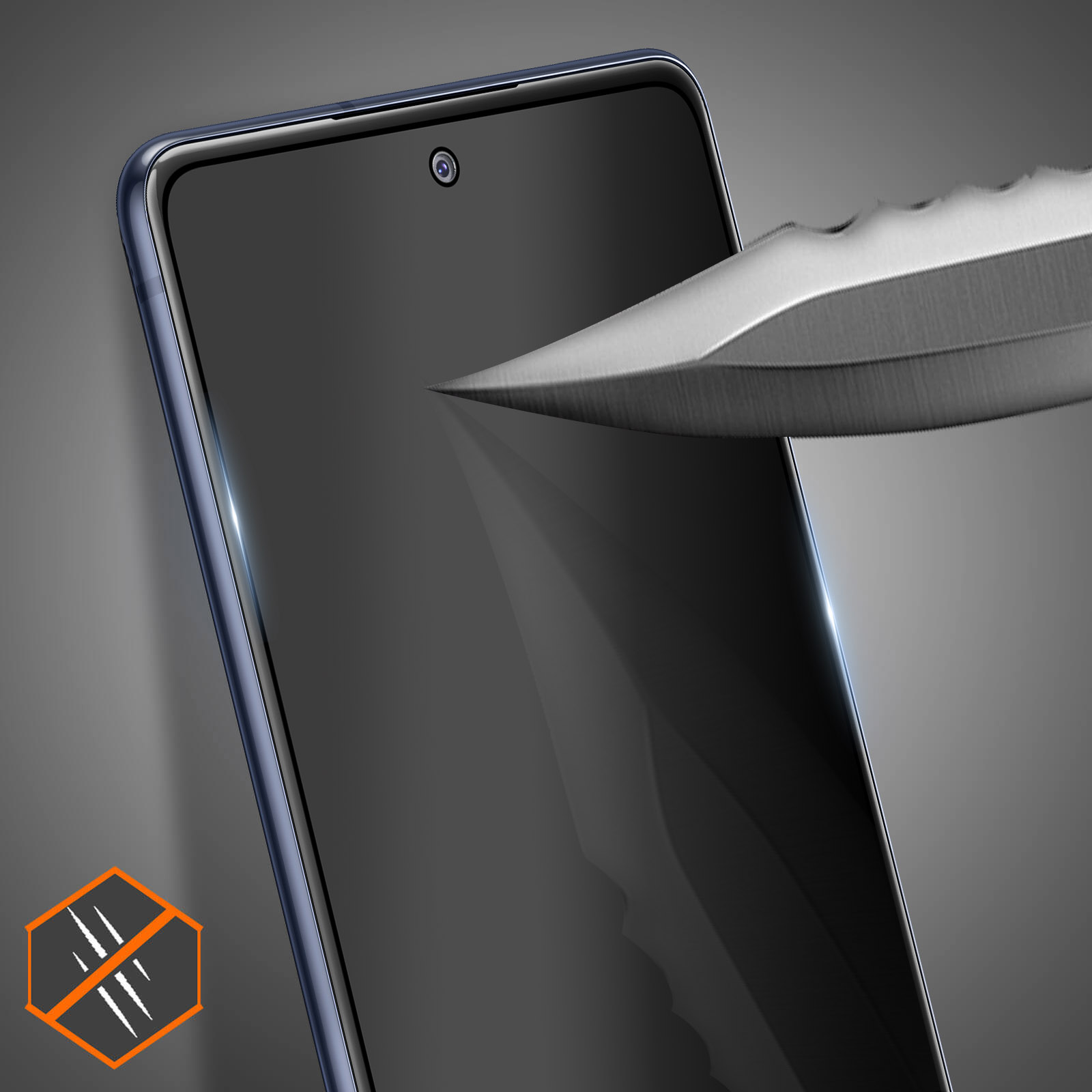 Un coltello taglia lo schermo di un telefono, mostra protezione. Il testo dice: