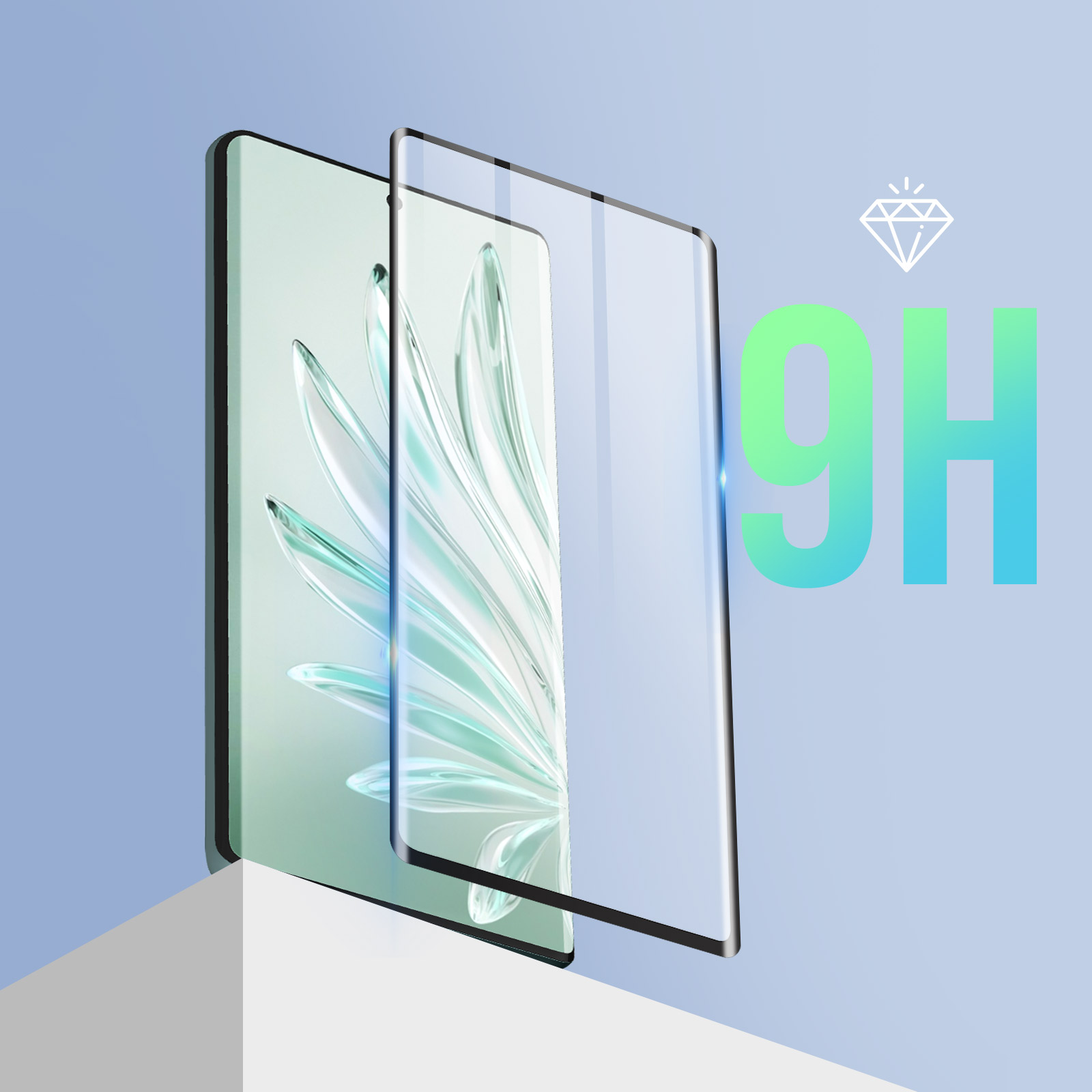 Telefono con protezione schermo e un'icona a diamante con testo 9H.