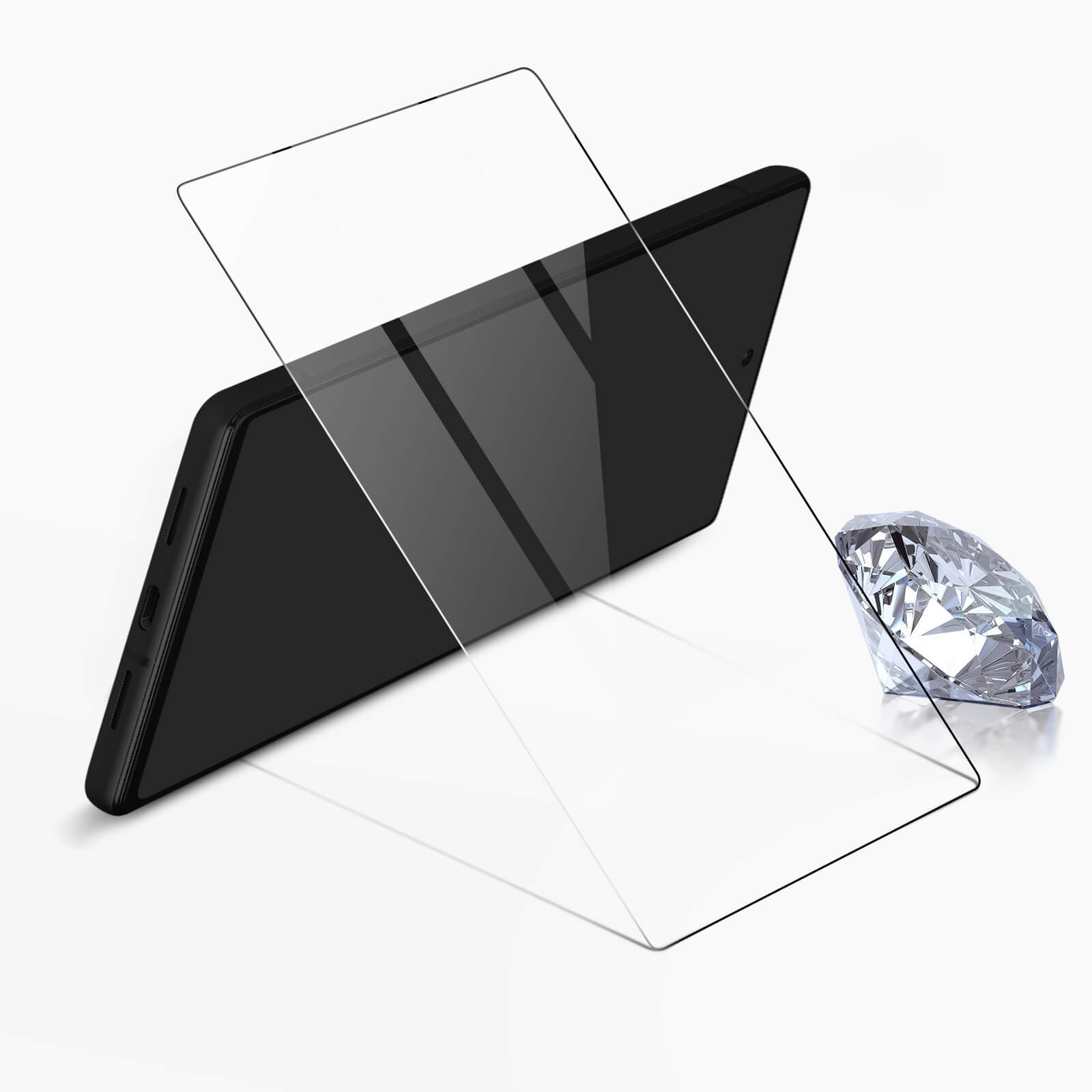 Tablet nero con protezione schermo, con un diamante su una superficie bianca.
