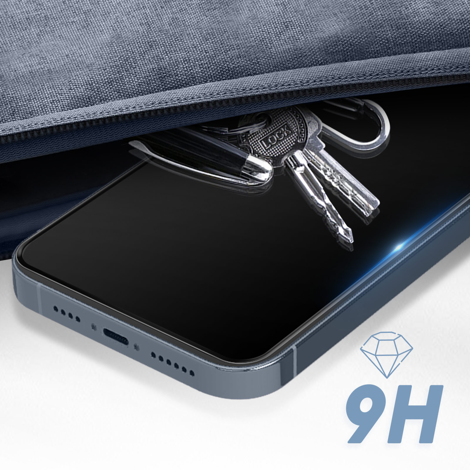 Un téléphone dans un étui avec des clés dans un sac, et un symbole diamant 9H sur fond blanc.