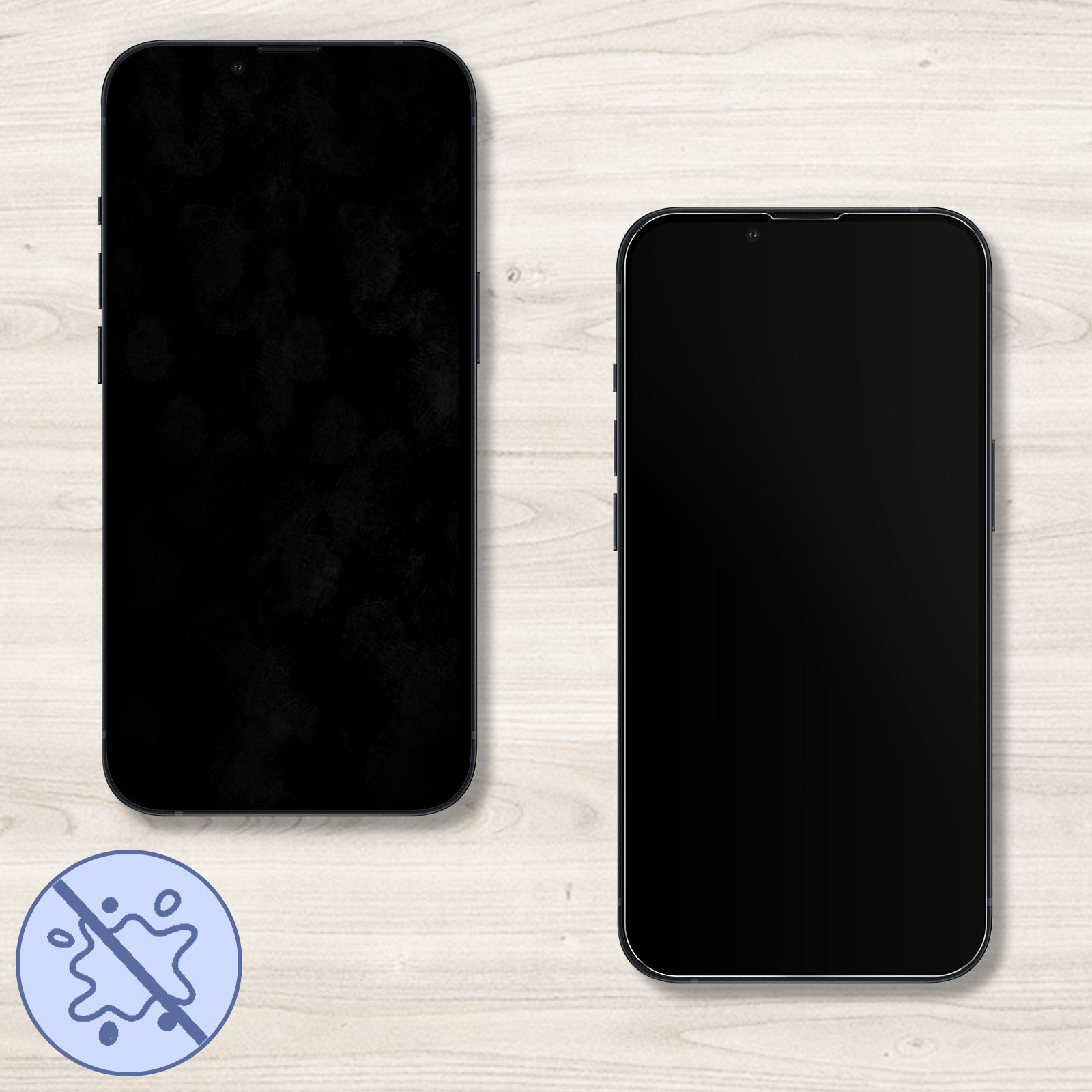 Due smartphone, uno pulito e uno con schermo macchiato, che mostrano un'icona di resistenza all'acqua.